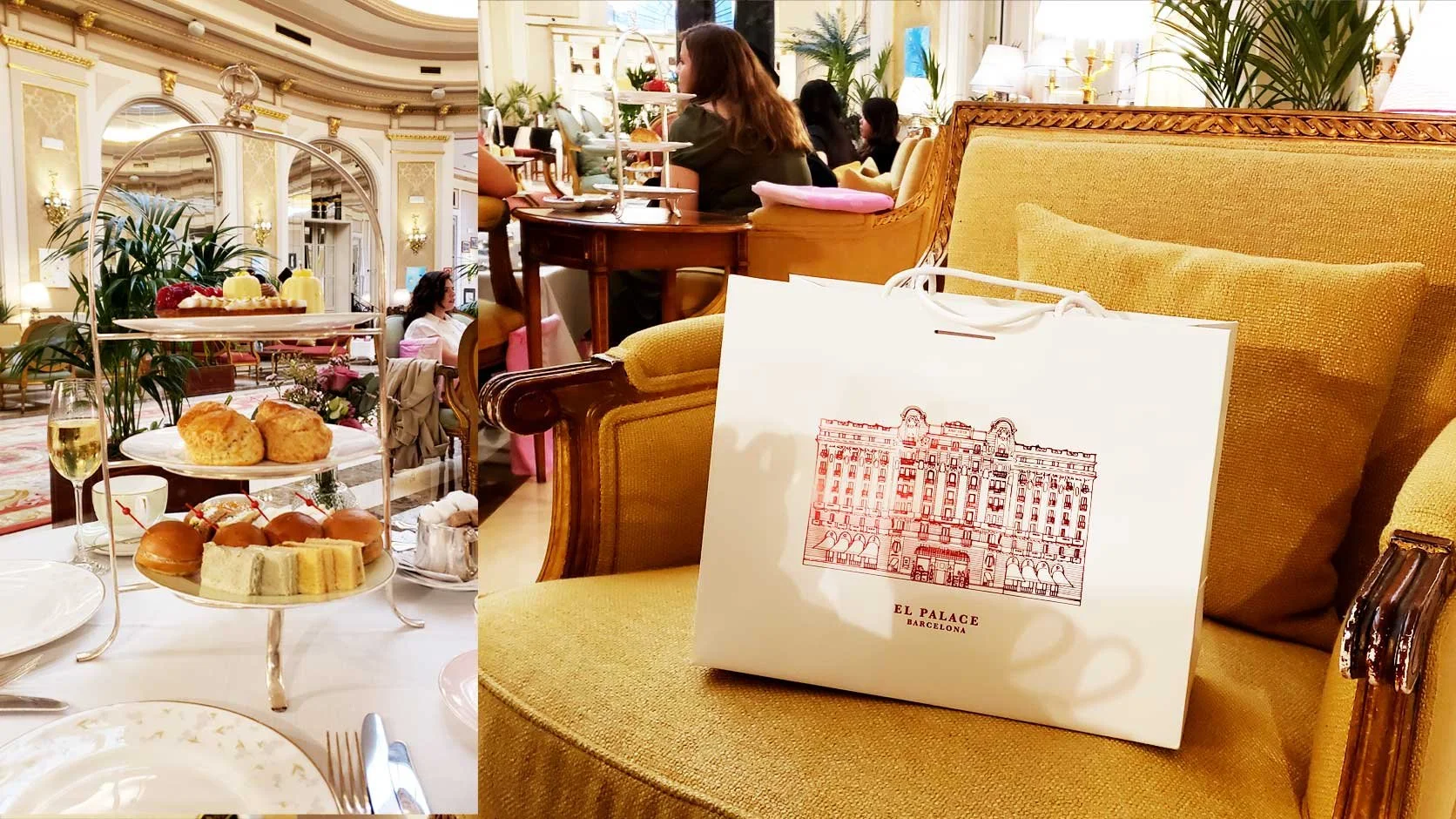 Afternoon Tea at the El Palace Hotel in Barcelona with tea caddy and logo bag.