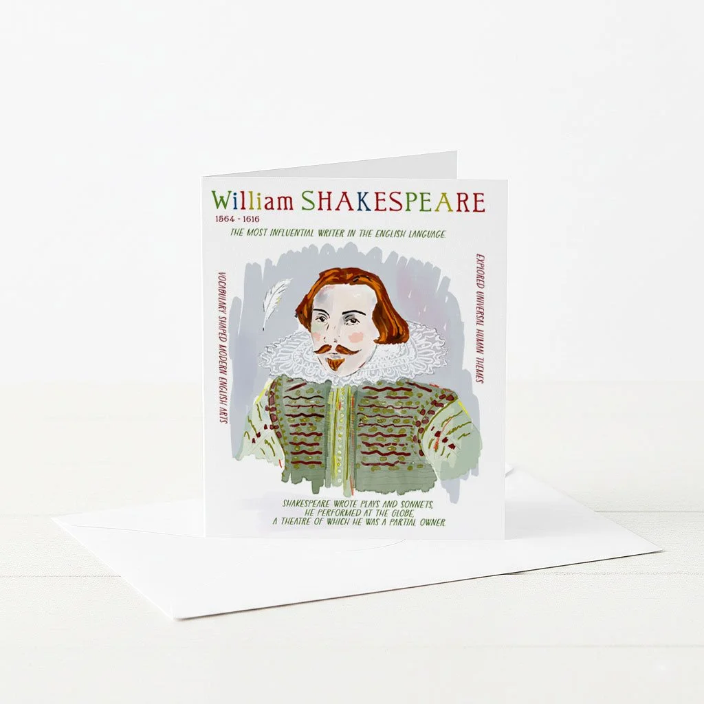 William Shakespeare greeting card, illustrated, with interesting facts.