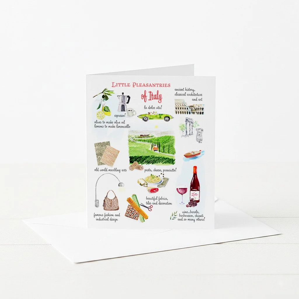 Greeting card with collection of icons and specialties of Italy, illustrated.