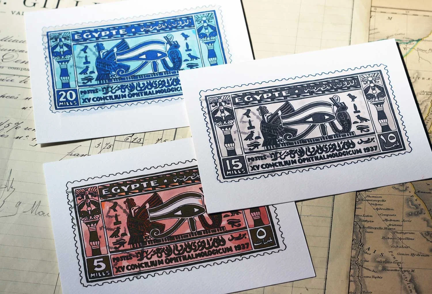 Postcard stamp illustrations.