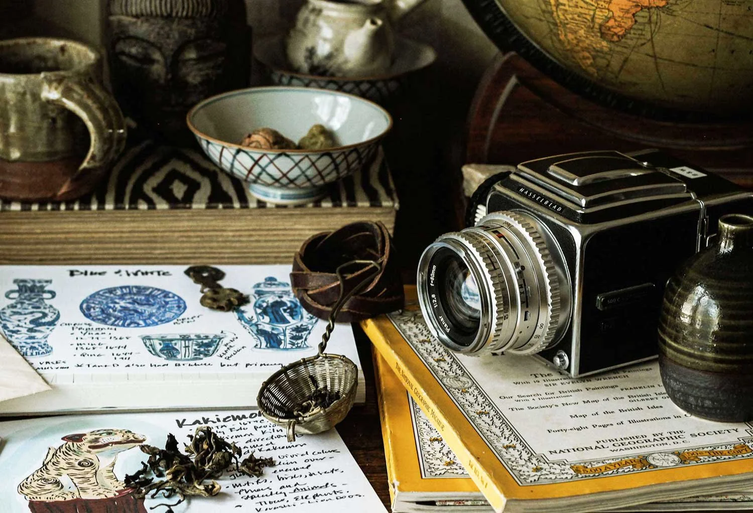An explorer's desk with camera.