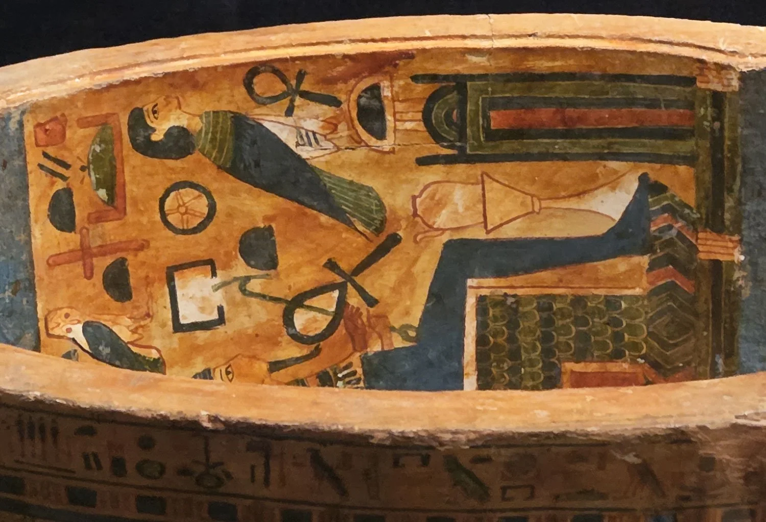 Ba-bird on interior of wooden coffin, ancient egypt.