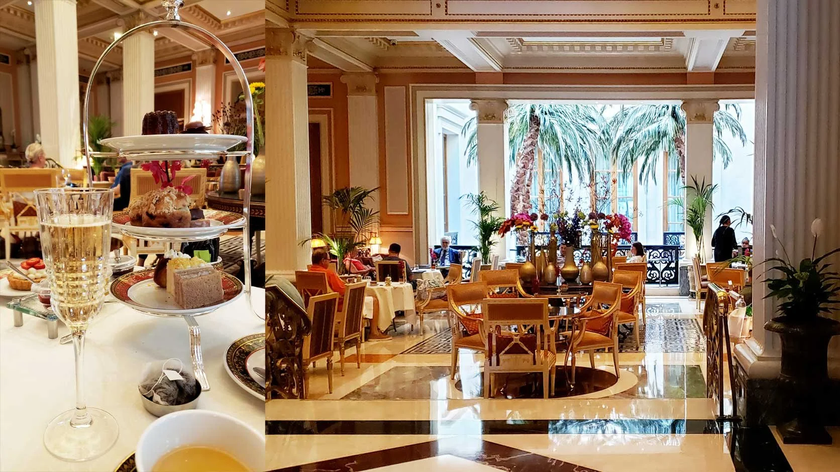 Tiered tea caddy with pastries, sparkling wine and a view of the Afternoon Tea lobby area of The Hotel Grande Bretagne.
