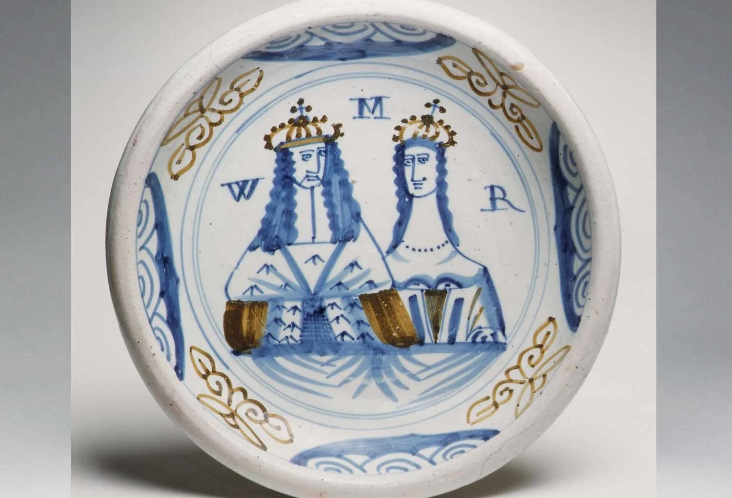 Tin glazed earthenware dish with William and Mary.