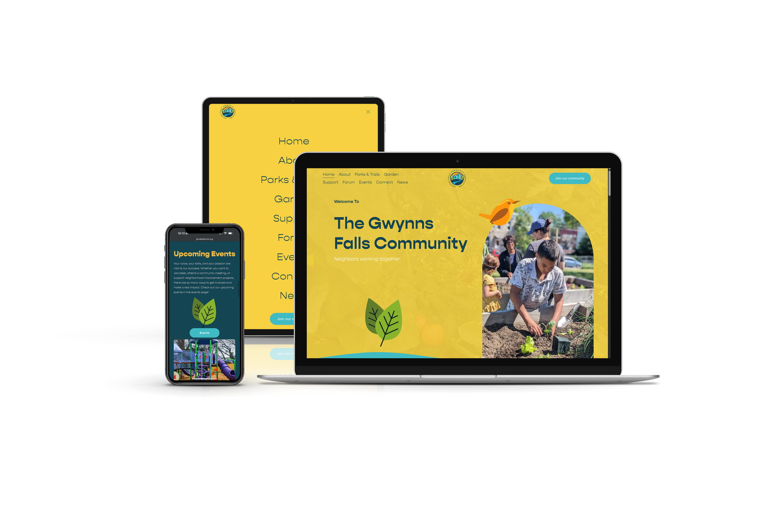 Responsive website displayed on a smartphone, tablet, and laptop, promoting The Gwynns Falls Community with a yellow background, a community photo, and illustrations of leaves and a bird.