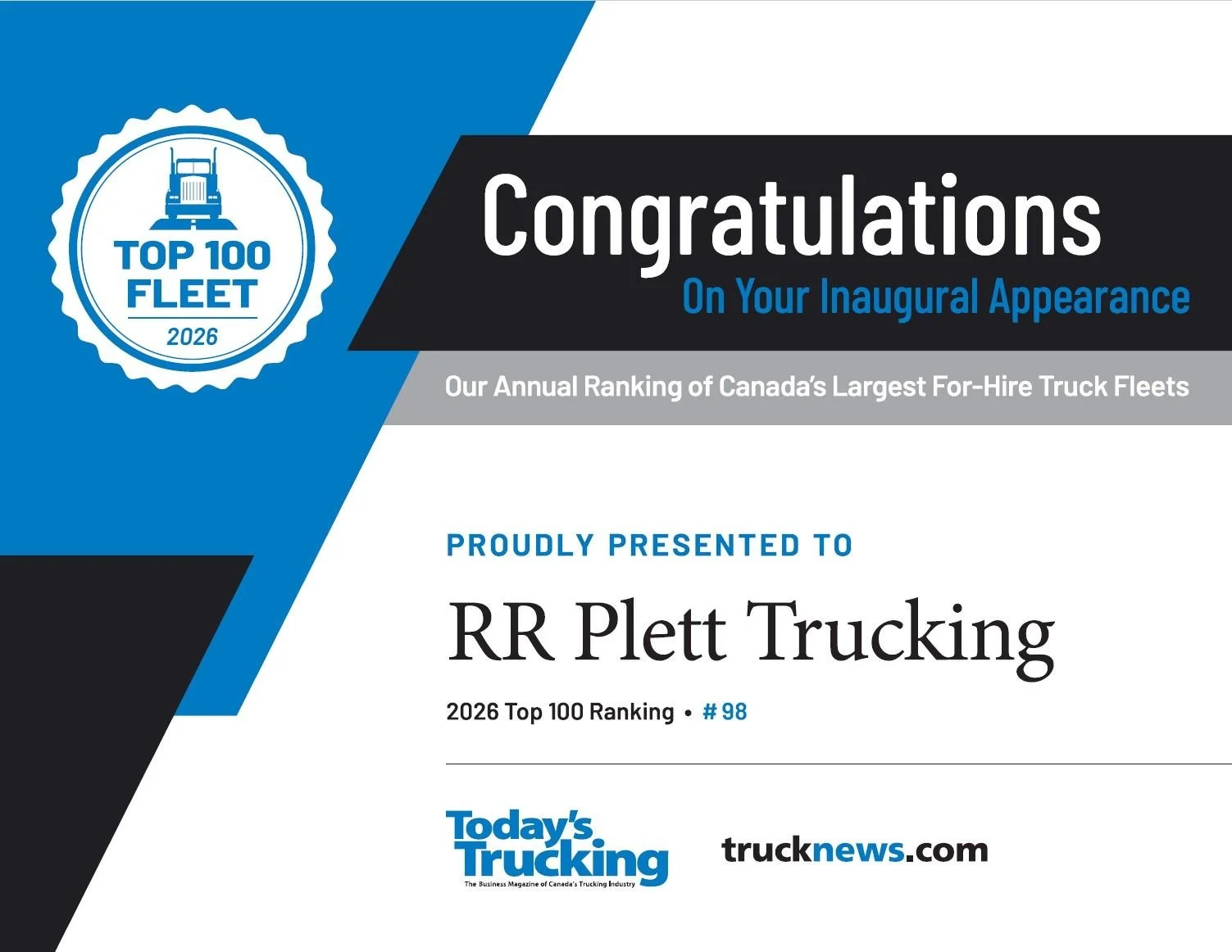 R.R. Plett Trucking Recognized Among Canada’s Top 100 For-Hire Fleets for 2026