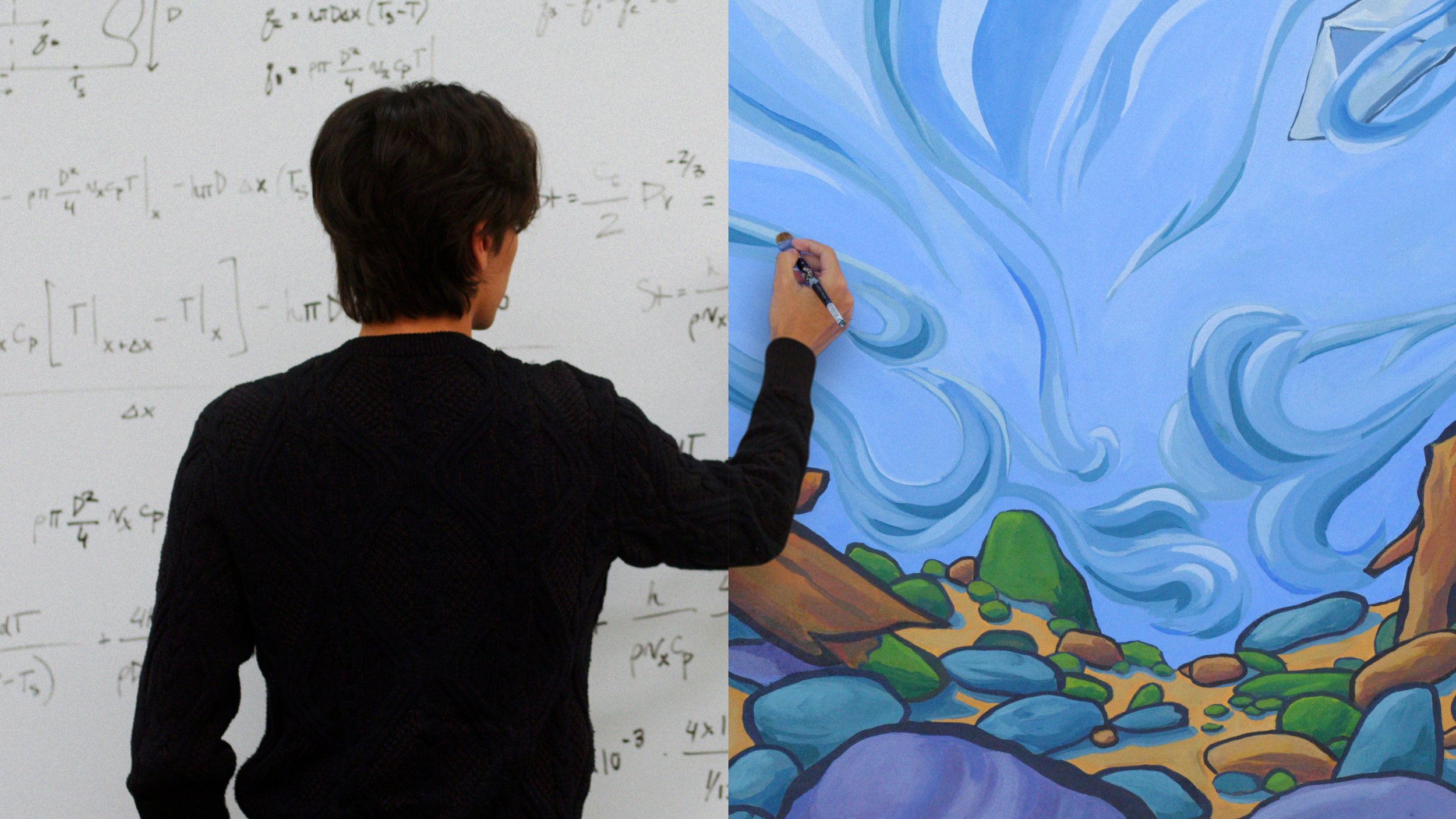 Splitscreen of a young man writing on a whiteboard and painting.