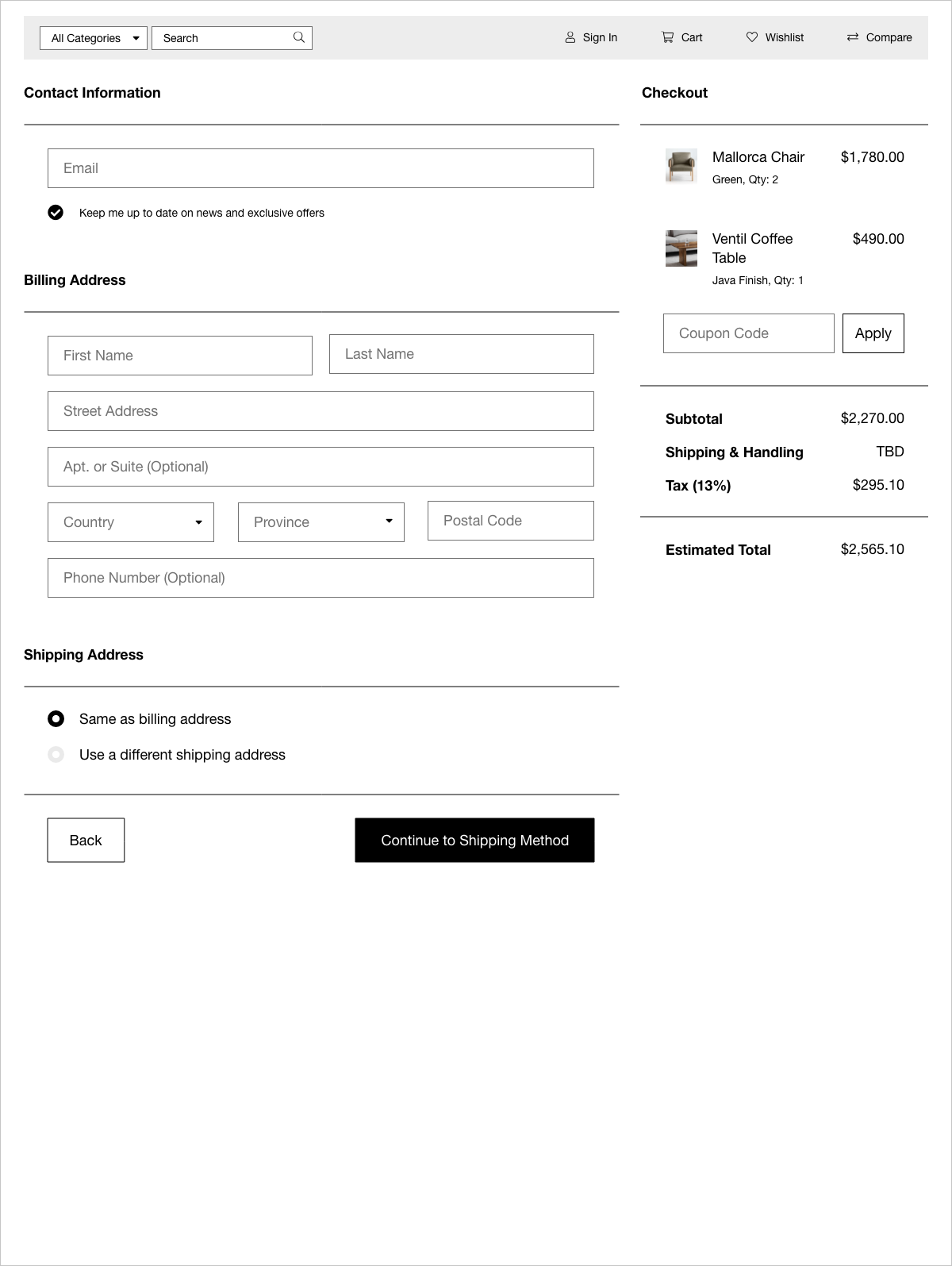First checkout screen