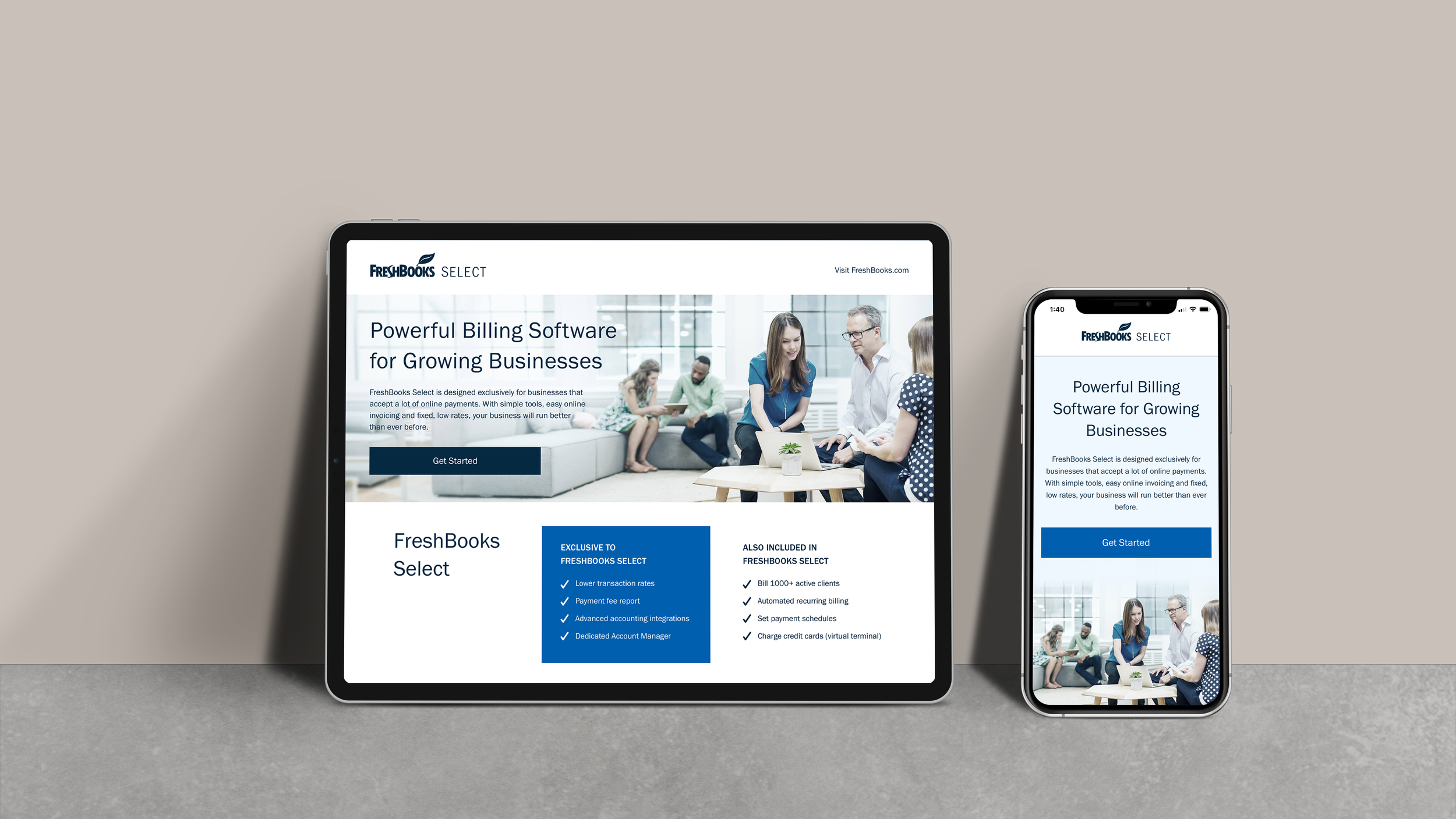 Mockup of FreshBooks Select's website on a tablet and mobile device