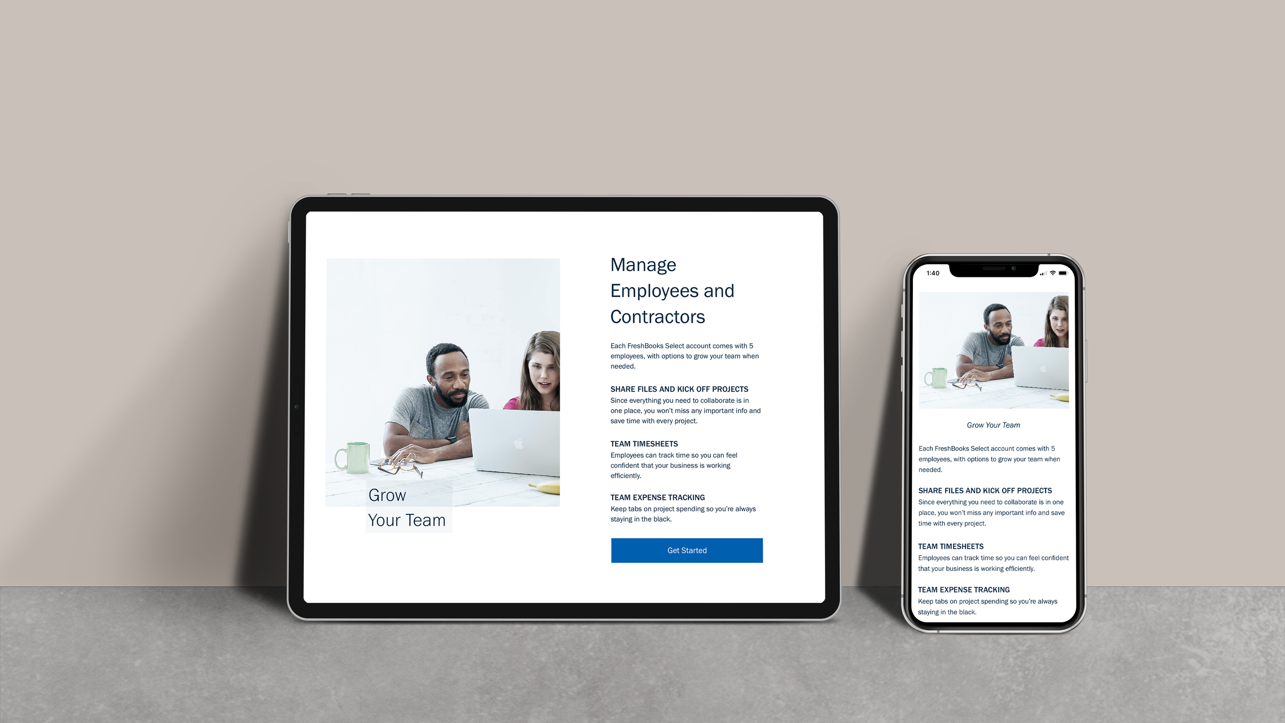 Mockup of "Grow Your Team" section on tablet and mobile device