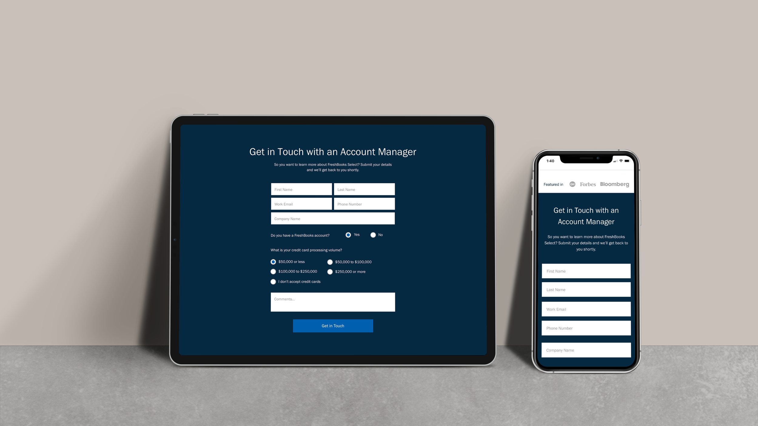 Mockup of "Get in Touch with an Account Manager" section on tablet and mobile device