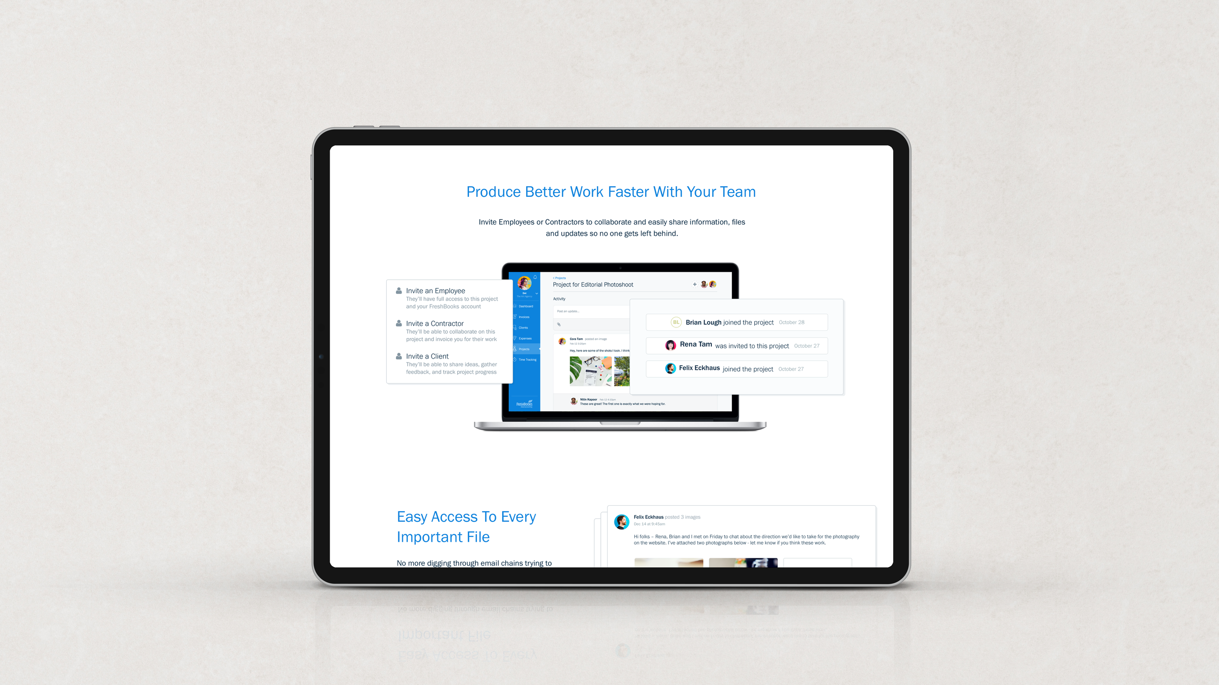 Mockup of redesigned "Team" section on tablet device