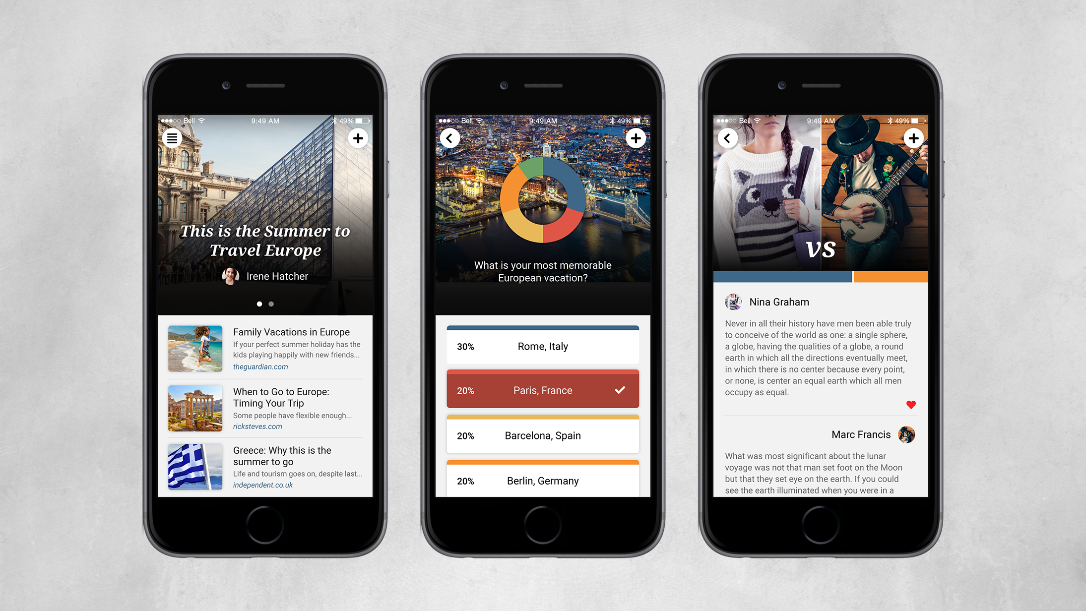 Mockup of Hubub app on mobile device, including a topic page, a poll, and a debate
