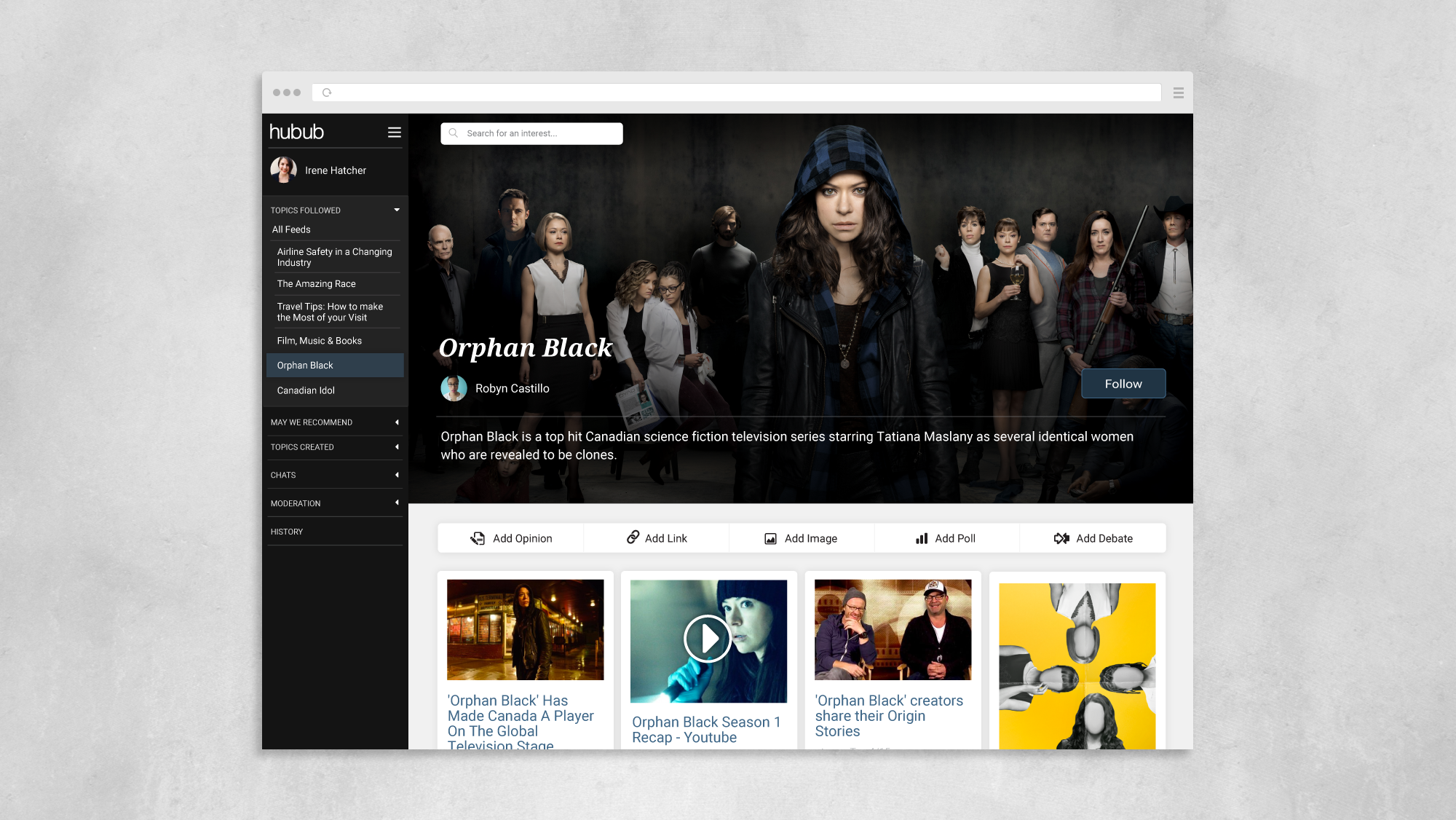 Mockup of topic page for "Orphan Black"
