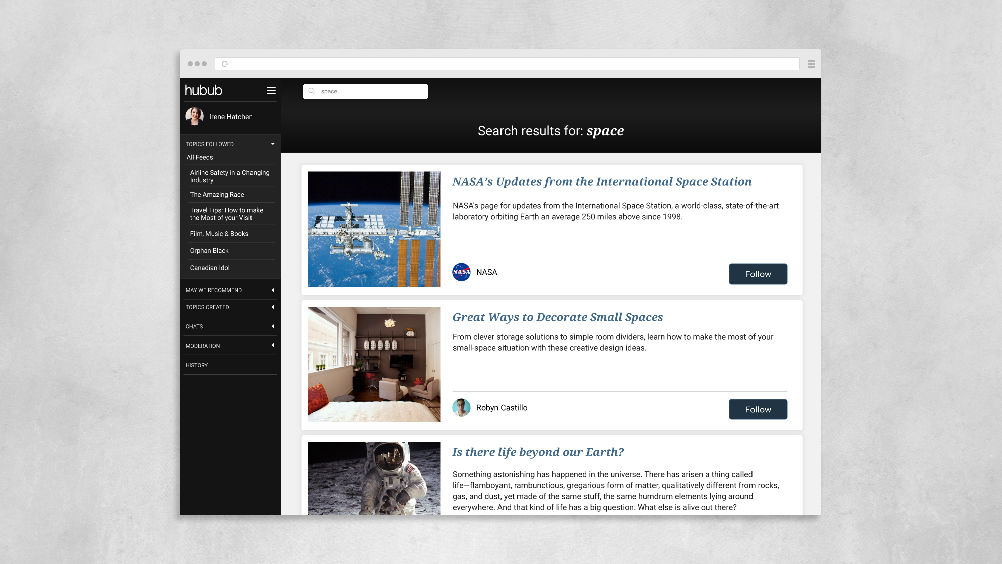 Mockup of search results page for the keyword "space"