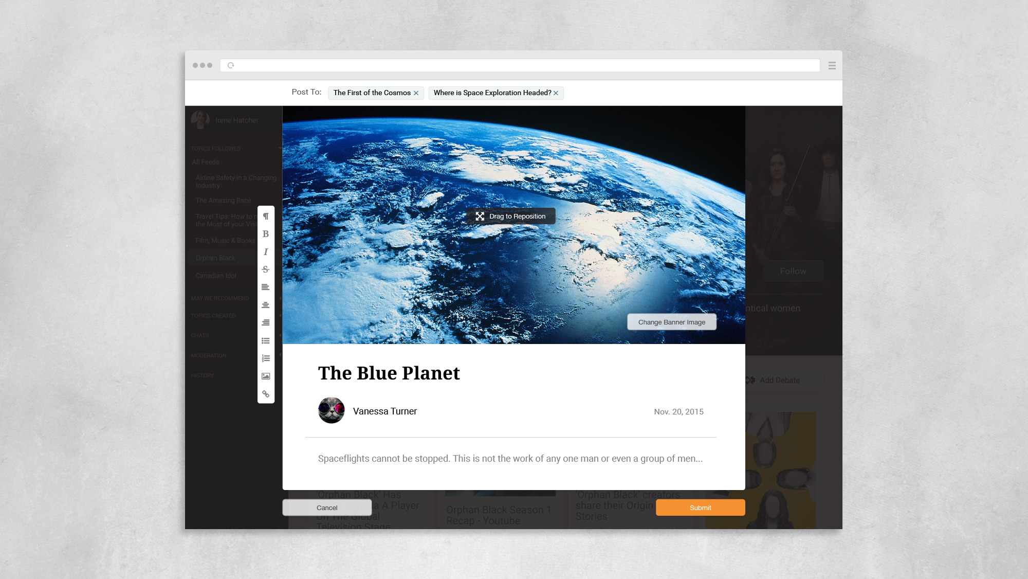 Mockup of content creation page for a topic