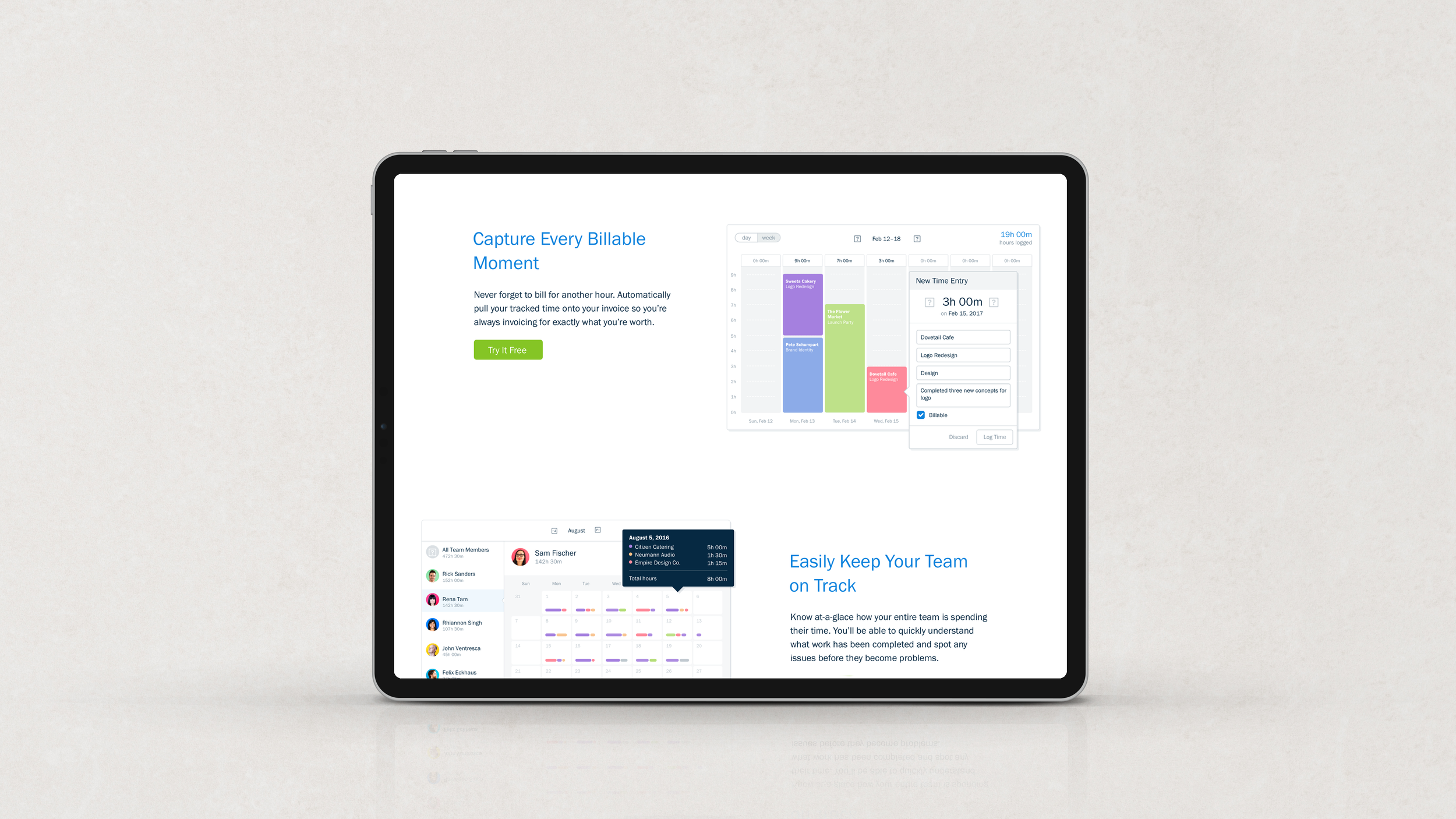 Mockup of redesigned "Time Tracking" section on tablet device
