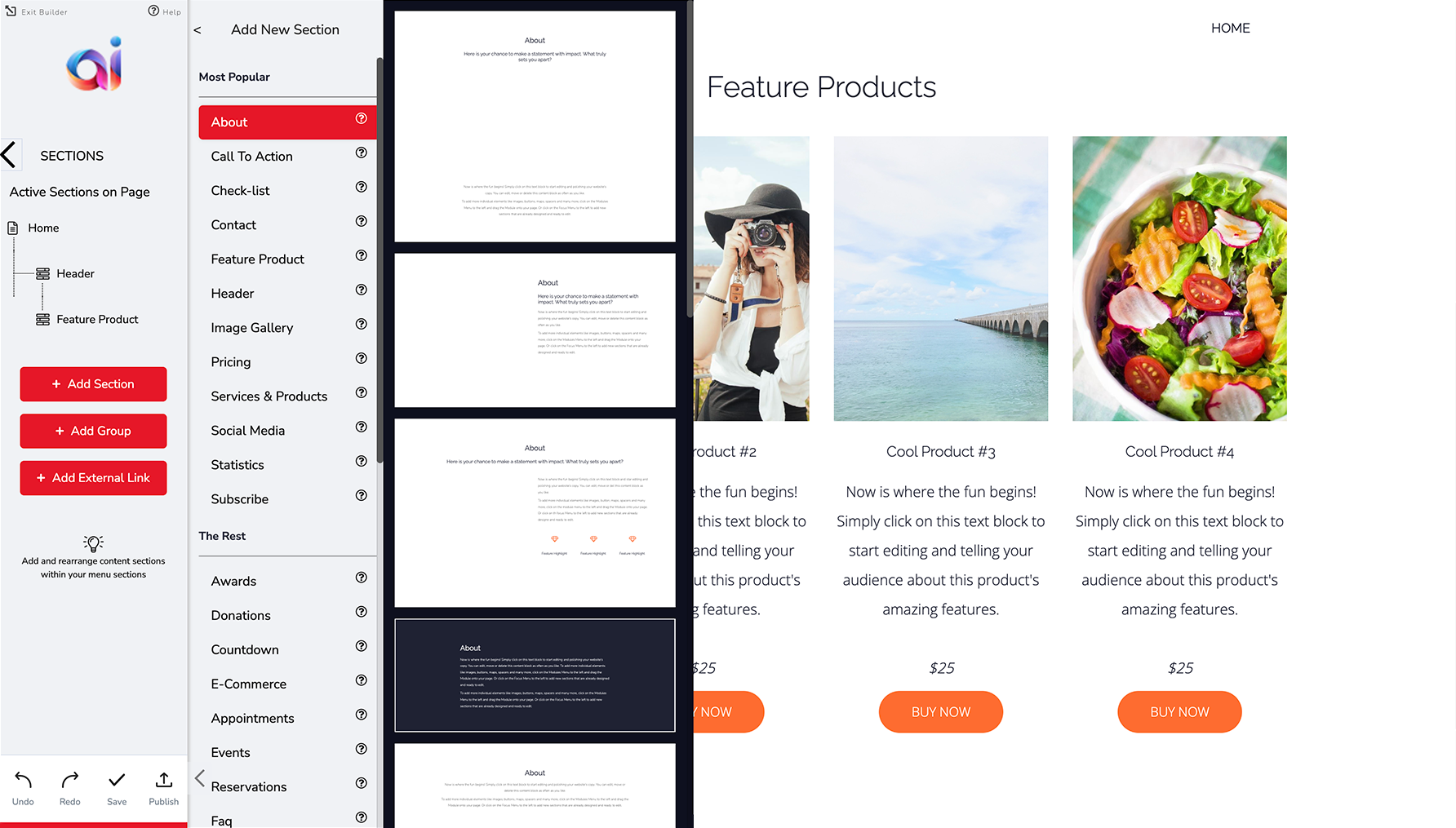 Dashboard view of website builder with navigation on the left and website preview on the right.