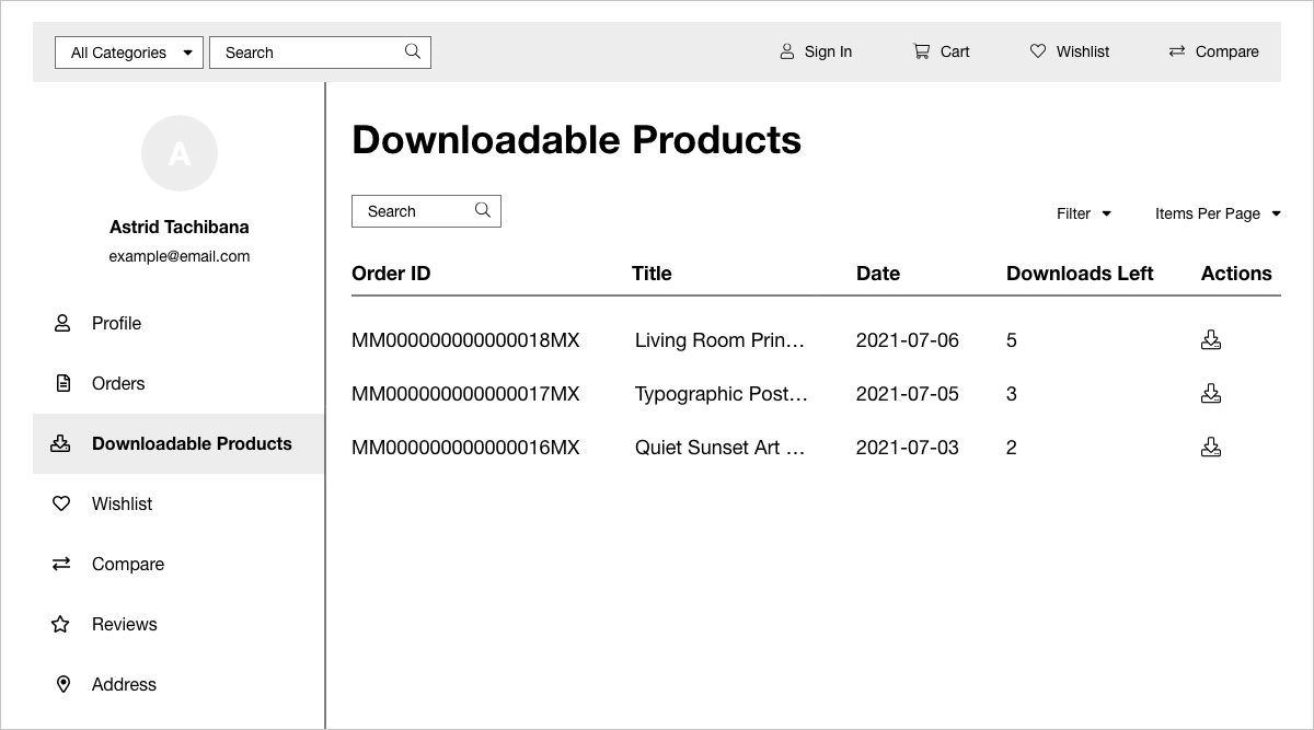 Customer login portal on the "Downloadable Products" page