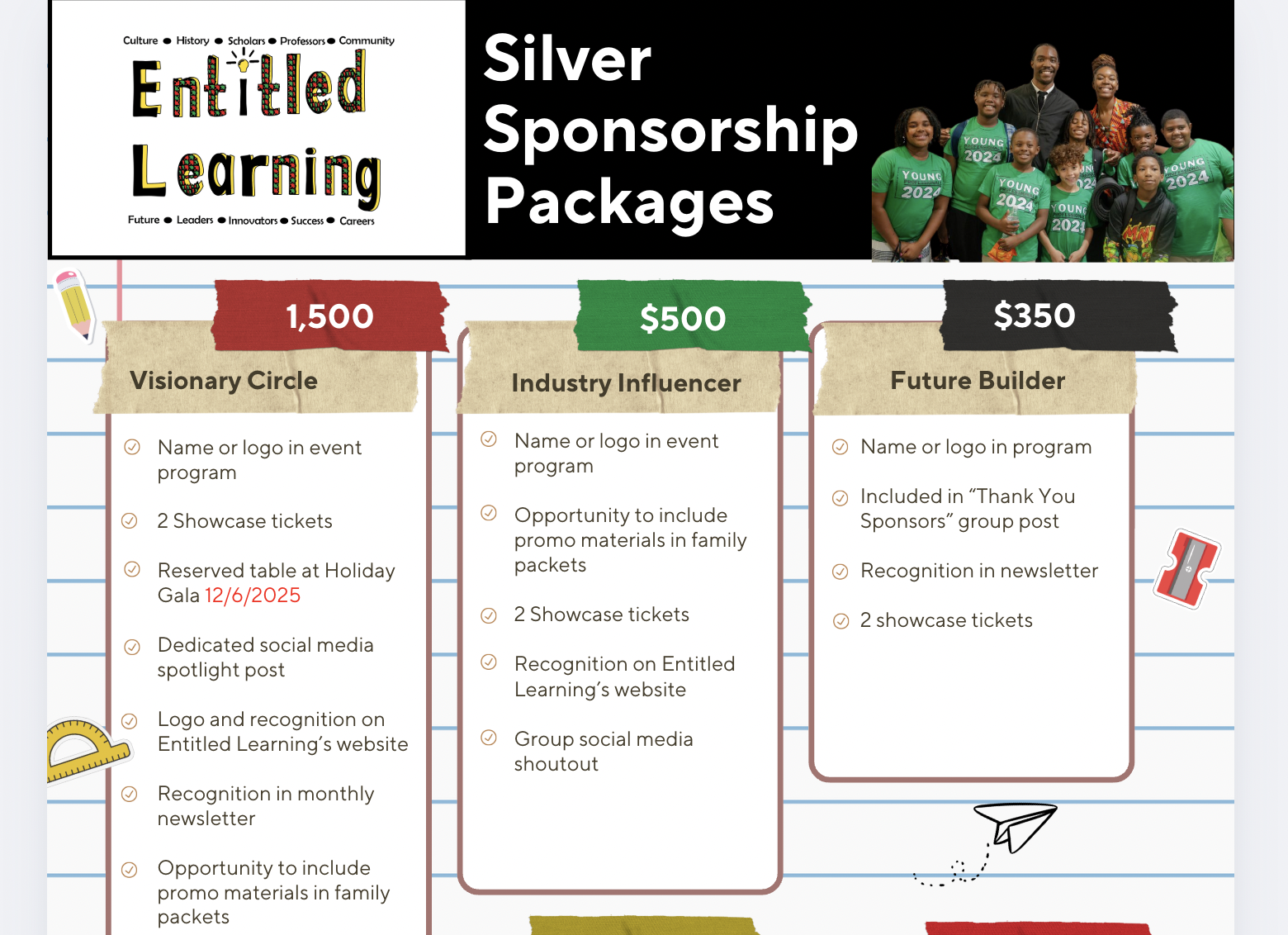 A flyer featuring sponsorship packages for Entitled Learning with a group photo of adults and children in green 'Young 2024' T-shirts. The flyer lists three sponsorship levels: Silver, Industry Influencer, and Future Builder, with details about each package and their prices.
