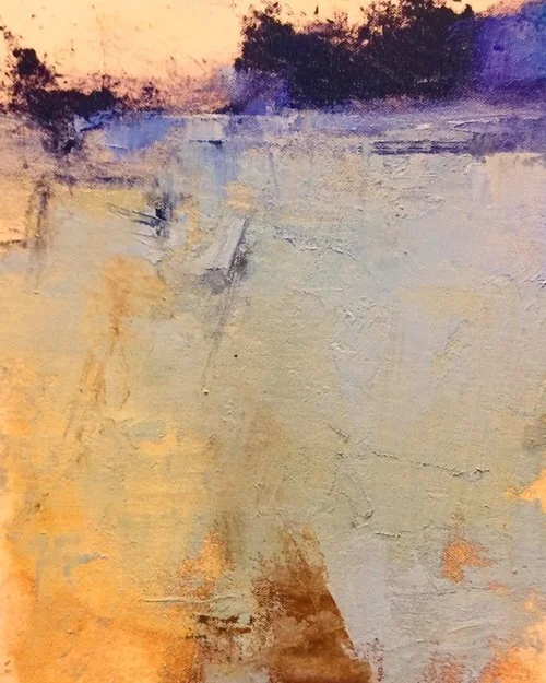 Winter Sunset - i like to push reality into the abstract realm at times. This is simply the forms and colours of an Alberta stream in Winter done almost entirely with a palette knife and edge of a credit card.