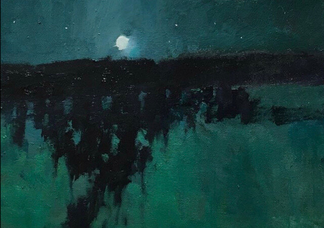 Night Patterns - I saw this out a car window one night. Just the mass of design shapes of the evergreens melding and merging in the moonlight without much detail. Again, for me it’s all about design. And in this piece the colour of night.