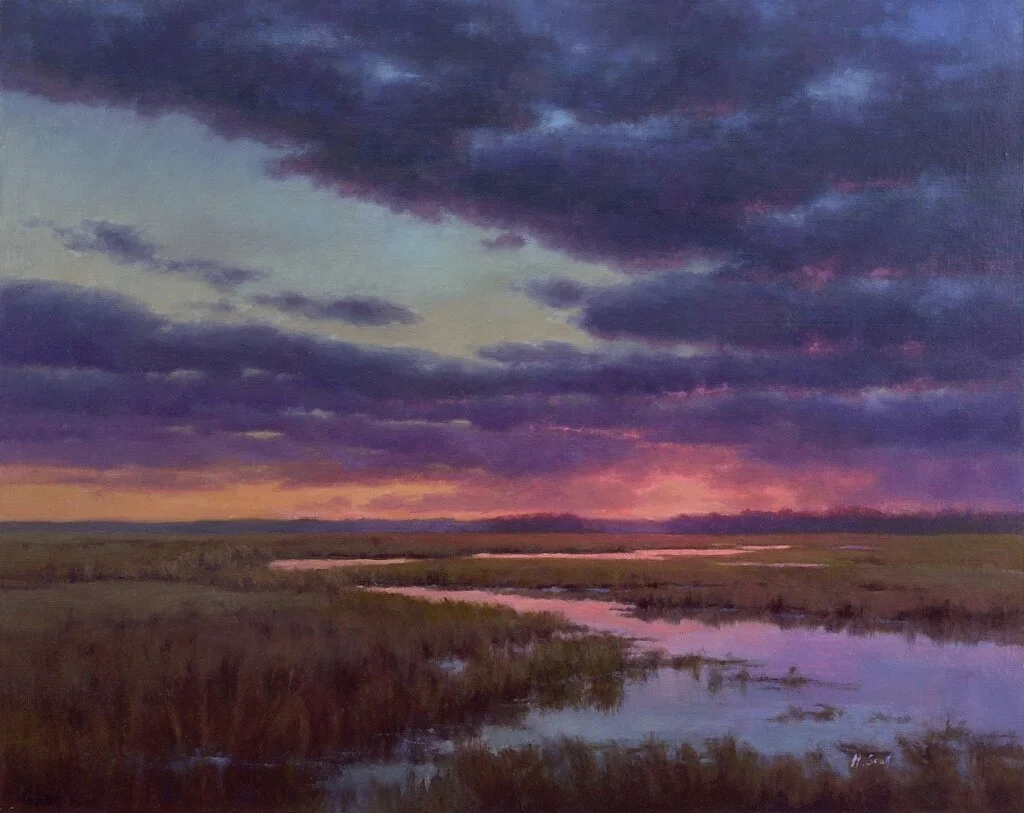Crimson Glow:&nbsp;I was shooting photos on Plum Island one evening and the inspiration for this painting happened when the sun went down and left the&nbsp;most brilliant pink glow in the sky. This did not translate well to my reference photos so I …