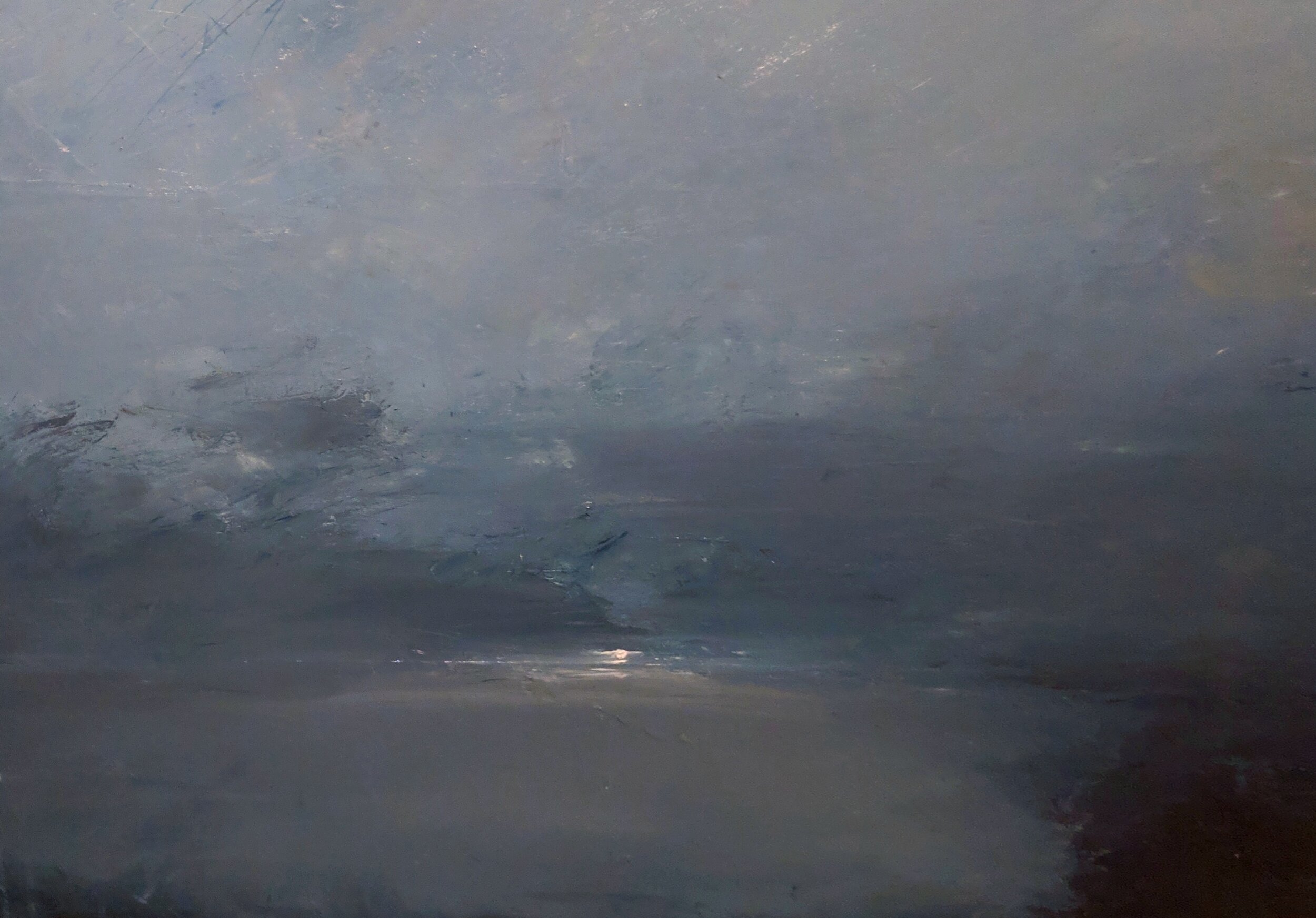 Out at Sea: This piece was inspired by memories of the Puget Sound. I wanted to try and convey the atmosphere of twilight on the Sound through the unique hues of blue that often compromise the moment after the sun sets. I remember watching the ferri…