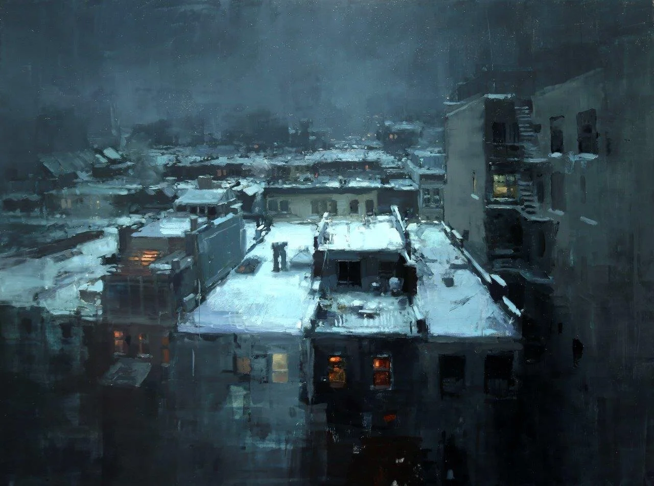 Jeremy Mann, ‘Rooftops in the Snow’, Oil on Panel, 18 x 24 inches, March 2014