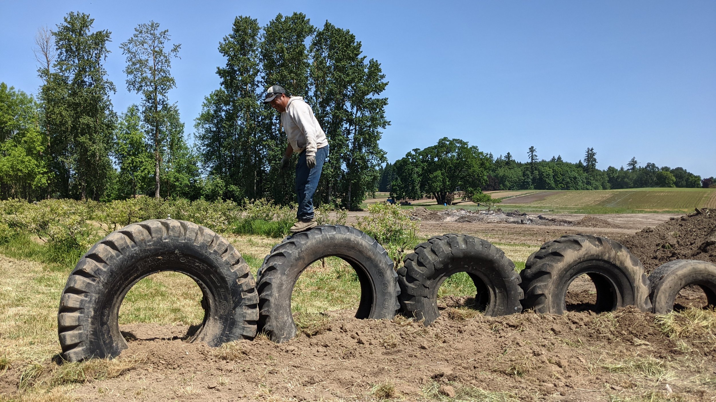  Alejandro building a play area with old tractor tires. 