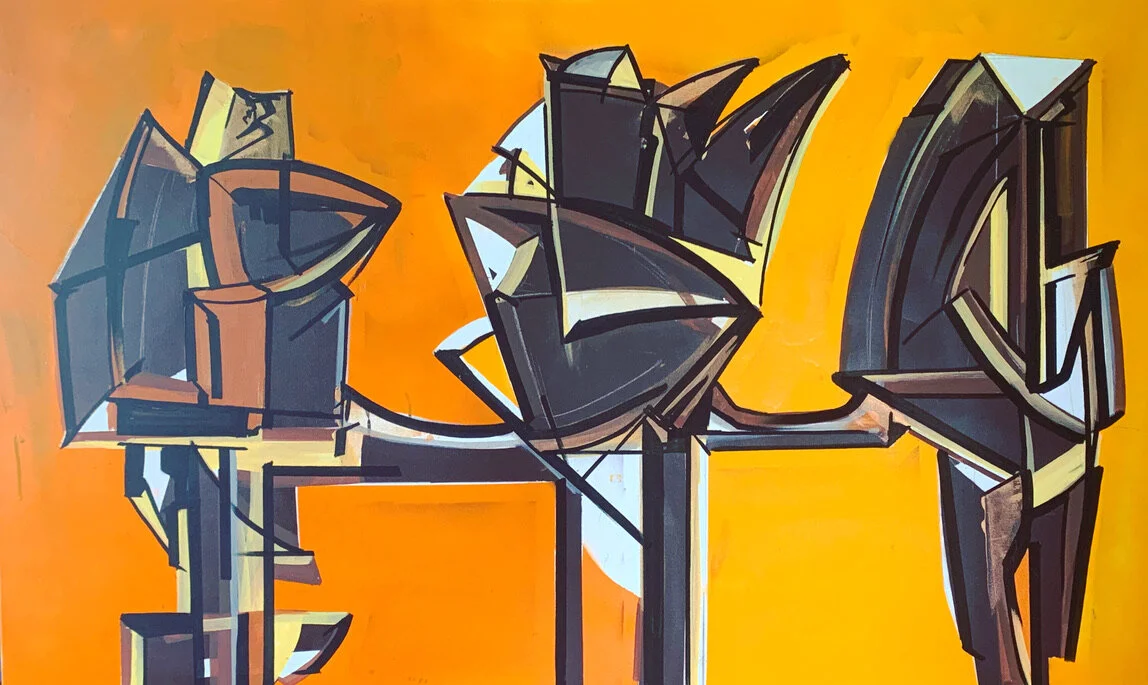 Trident Towers, Mixed media on canvas, 36x60", 2020