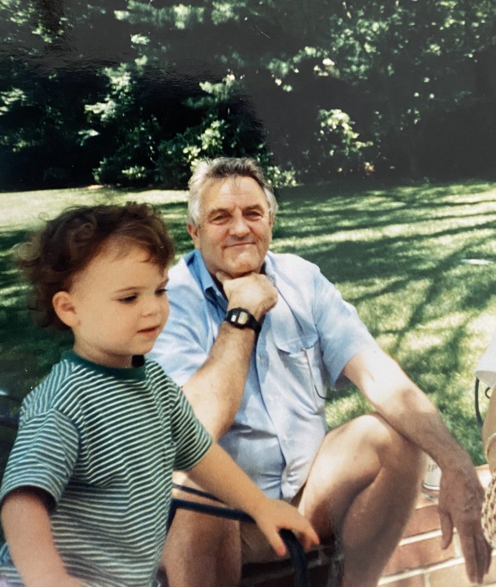My dad in my garden, 1990's with daughter, Claire
