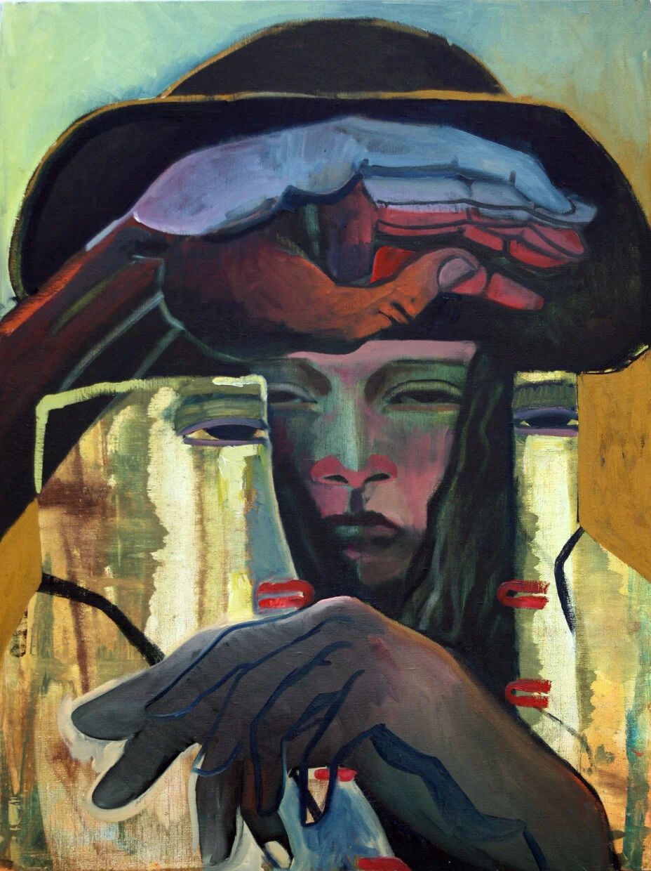 Par la main, 2019, oil and charcoal on linen, 40 x 30 in, 101.6 x 76.5 cm, Private Collection