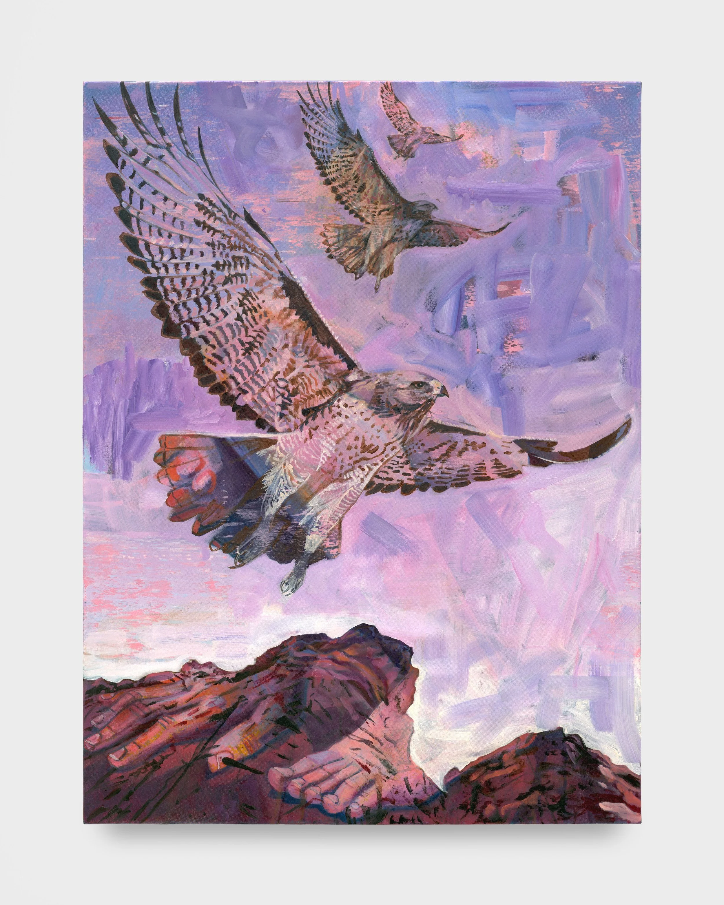 The Hawk and the Hiker, 2025, oil on canvas, 101.6 x 75.5 centimeters (40 x 29.75 inches).
Image courtesy Galerie Perrotin and the artist. Documentation by Yubo Dong, of studio.
