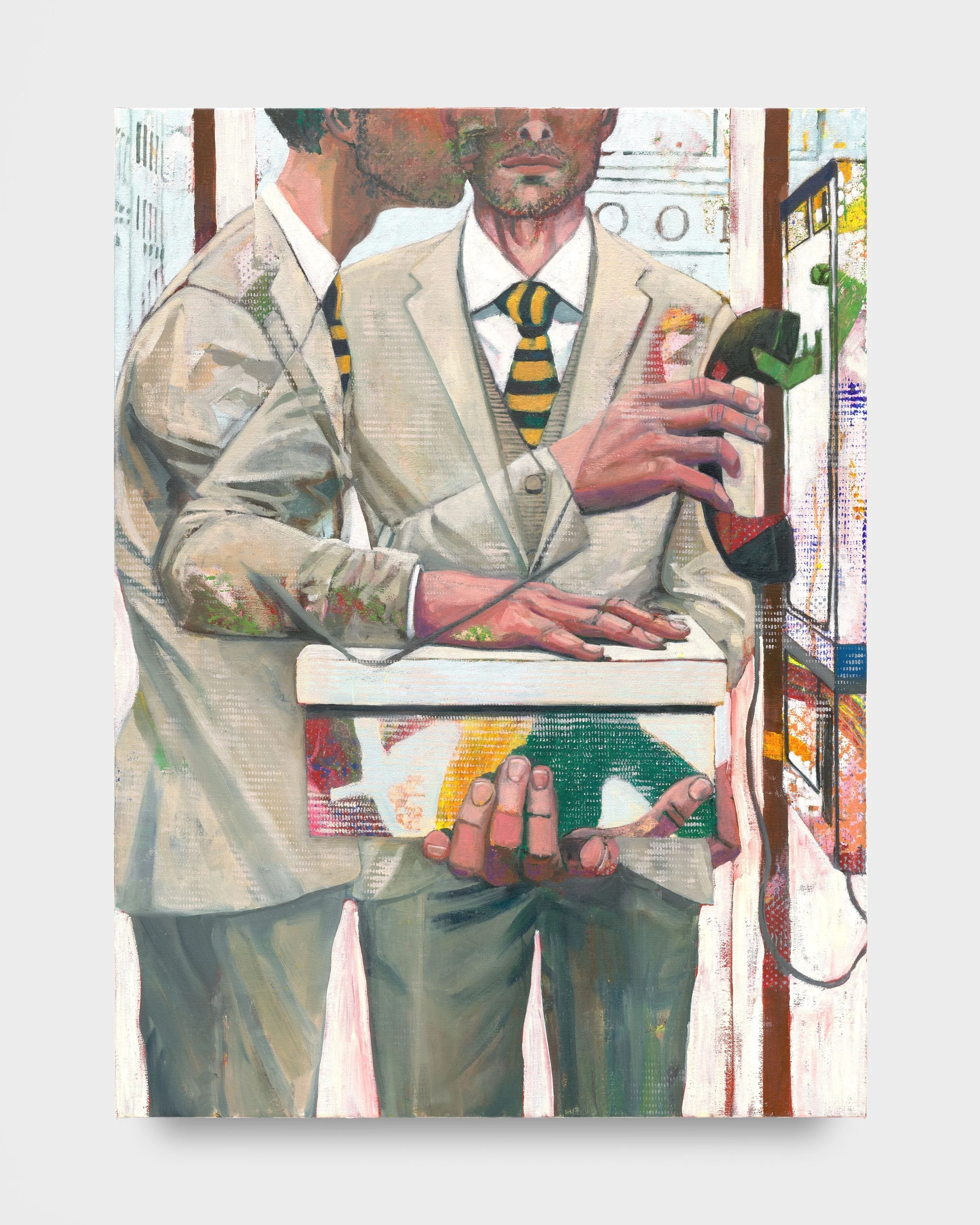 The Man, the Booth, the Box, 2025, oil on canvas, 101.6 x 75.5 centimeters (40 x 29.75 inches).
Image courtesy Galerie Perrotin and the artist. Documentation by Yubo Dong, of studio.