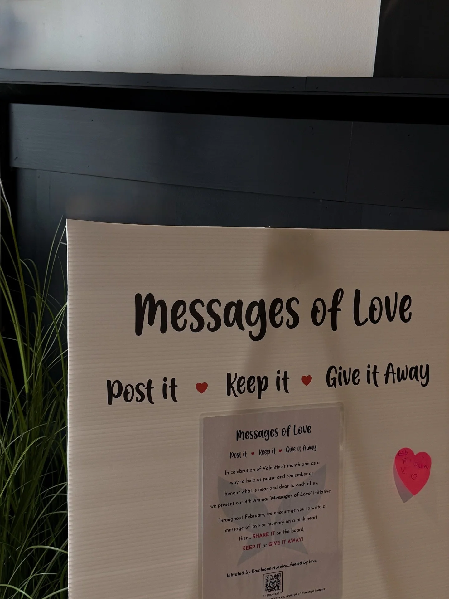 Stop by and share the love! 📝💕

We are proud to support @kamloopshospiceassociation and their Messages of Love campaign all month long. It&rsquo;s simple:

1. Write a message of love or memory on a pink heart.

2. Post it on our board to share with