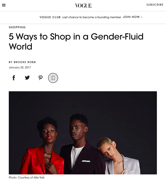 Featured press for Garmentory gender free shopping category
