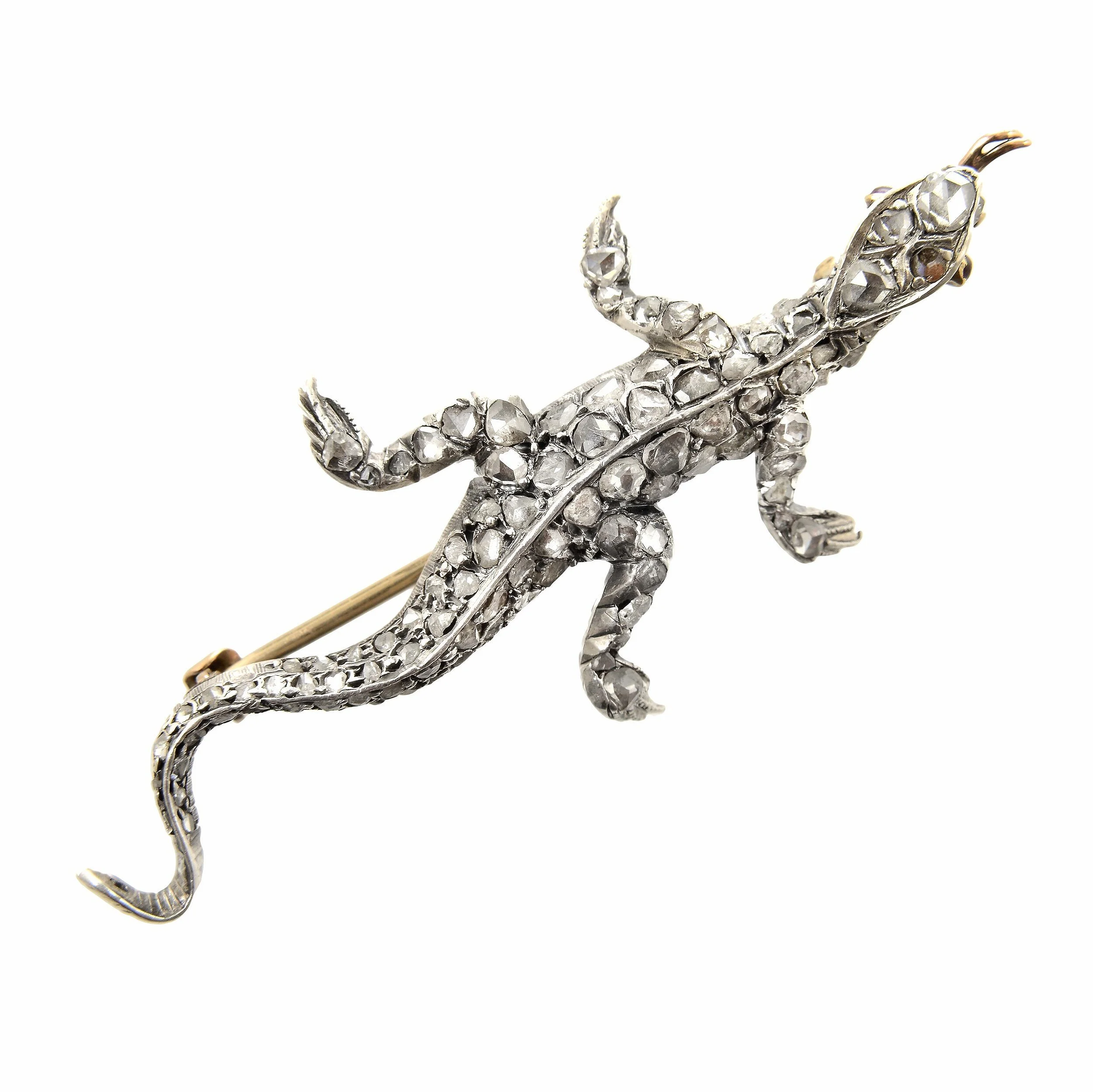 Large Vintage Silver-Tone Diamante Lizard Brooch – Crystal Animal Pin For Lapel