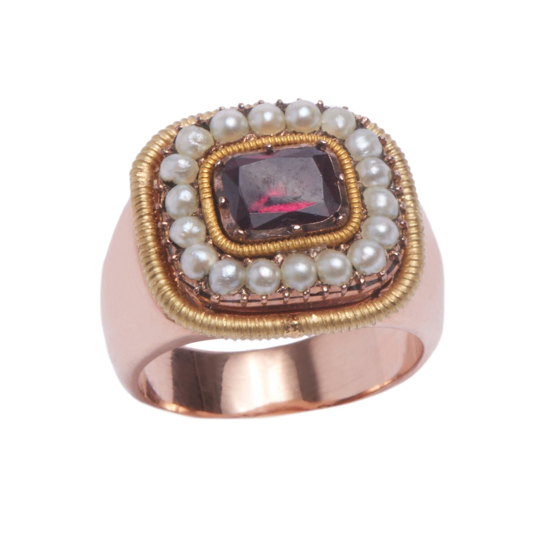 Antique Garnet and Pearl Ring with an Antique Mount