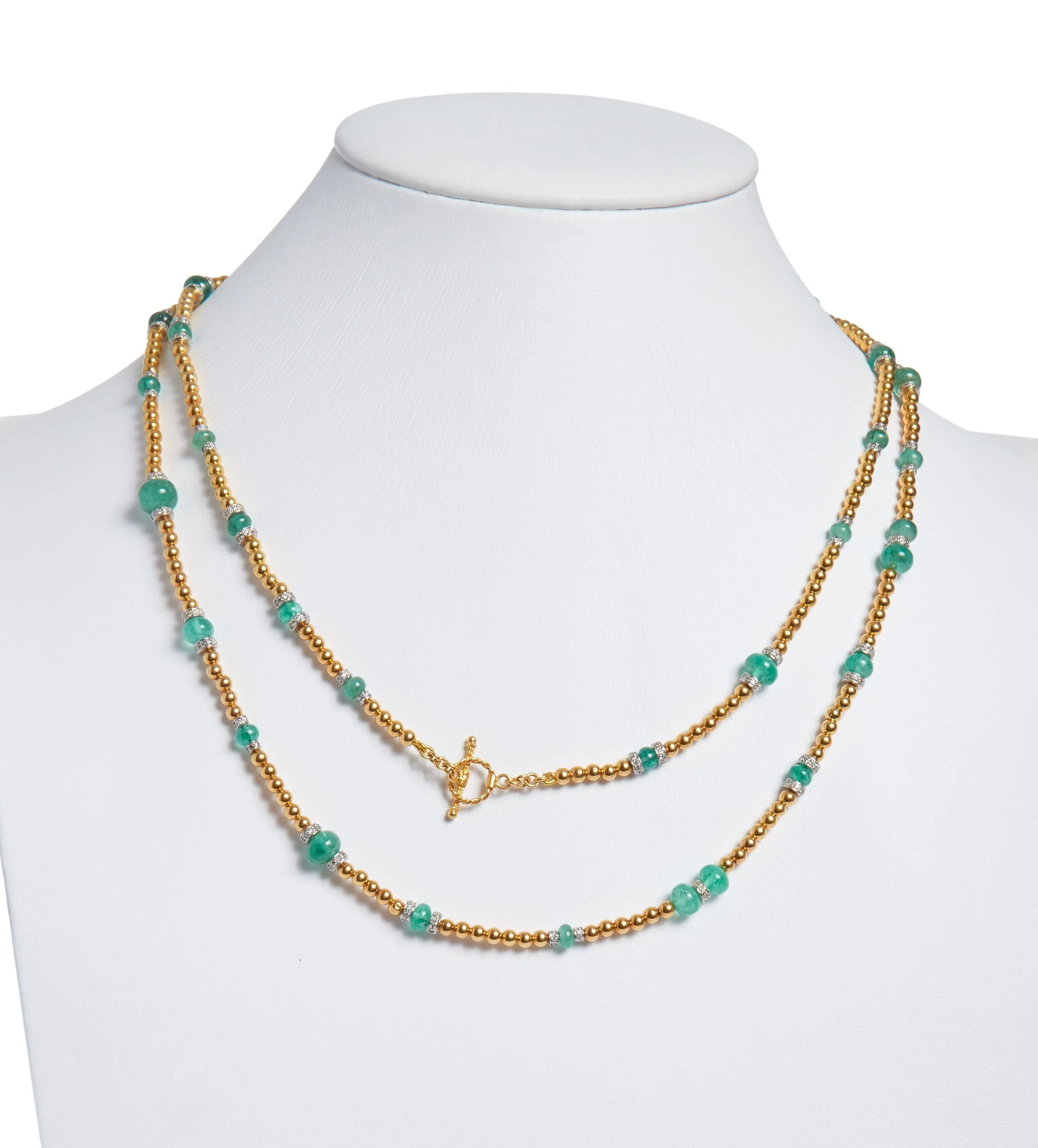 Exceptional Custom-Made Antique Gold Ball Necklace with Modern Emeralds and Diamonds
