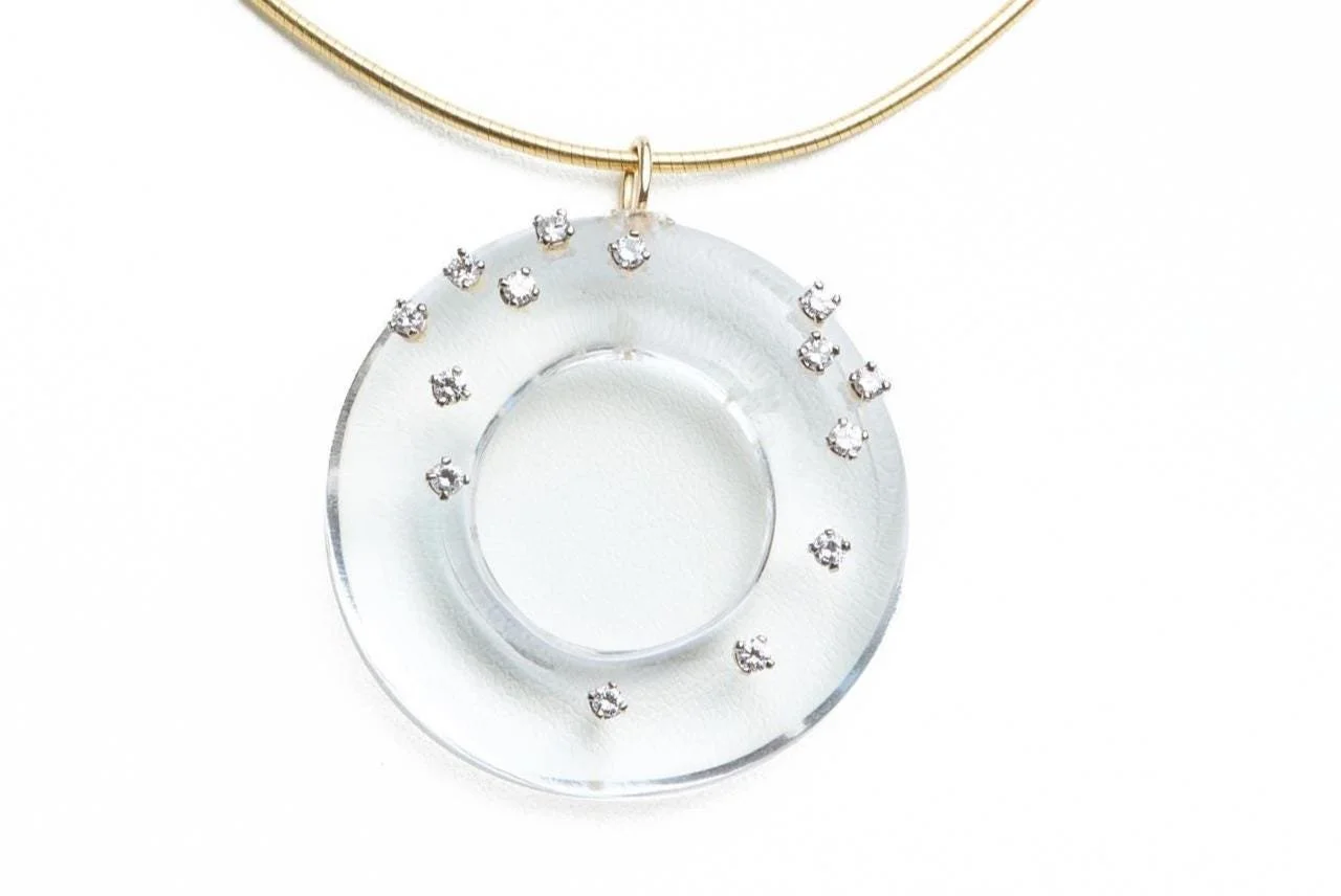 1970s Lucite and Diamond Circle Pendant