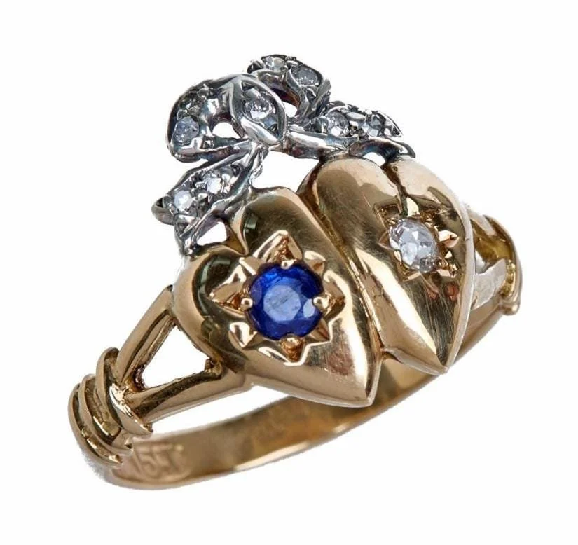 Victorian Double Heart Old European Cut Diamond and Sapphire Ring