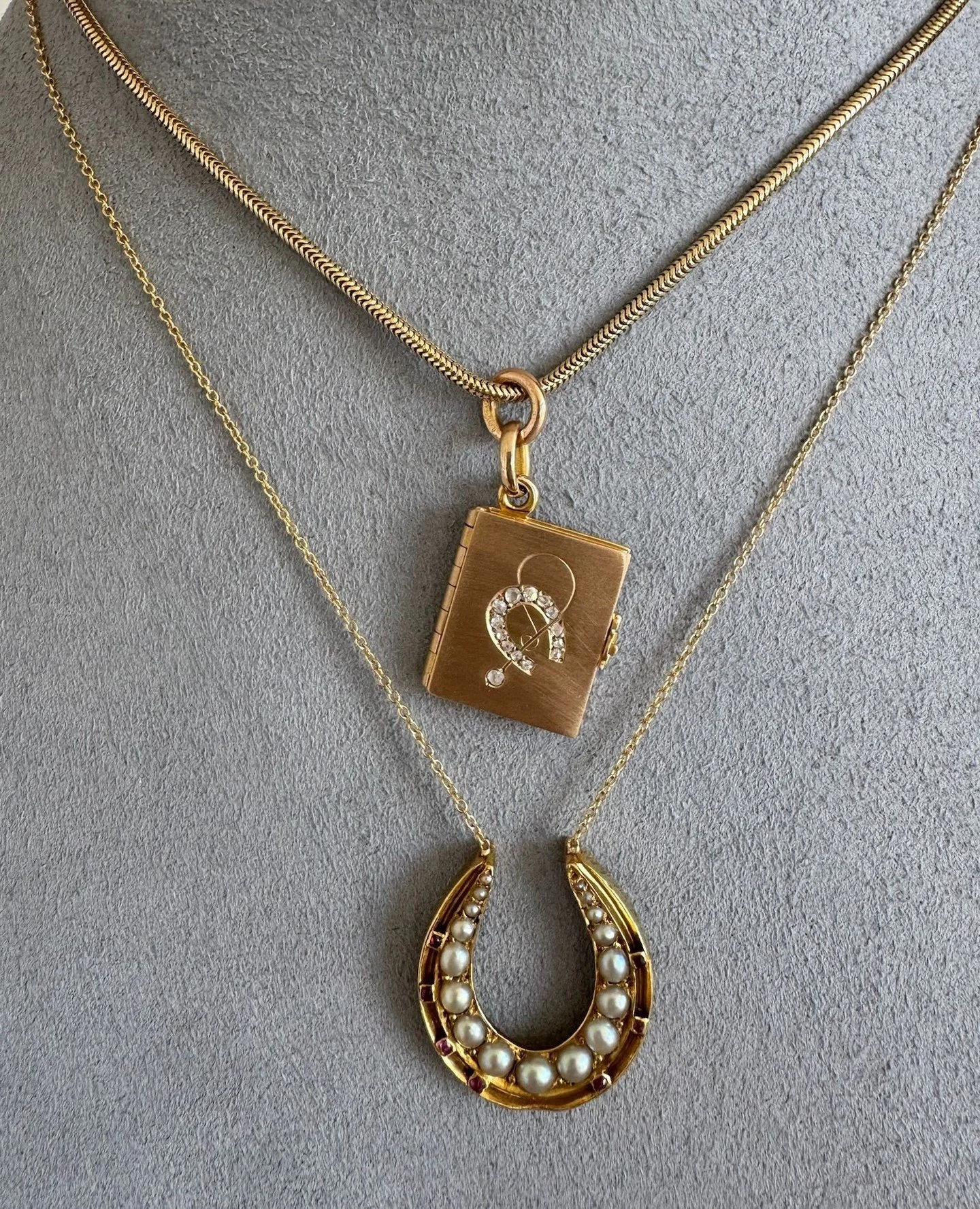 All About Luck: Antique, beautiful examples of equestrian style. The locket features beautiful rose-cut diamonds, and the necklace touts creamy pearls and old-cut rubies.