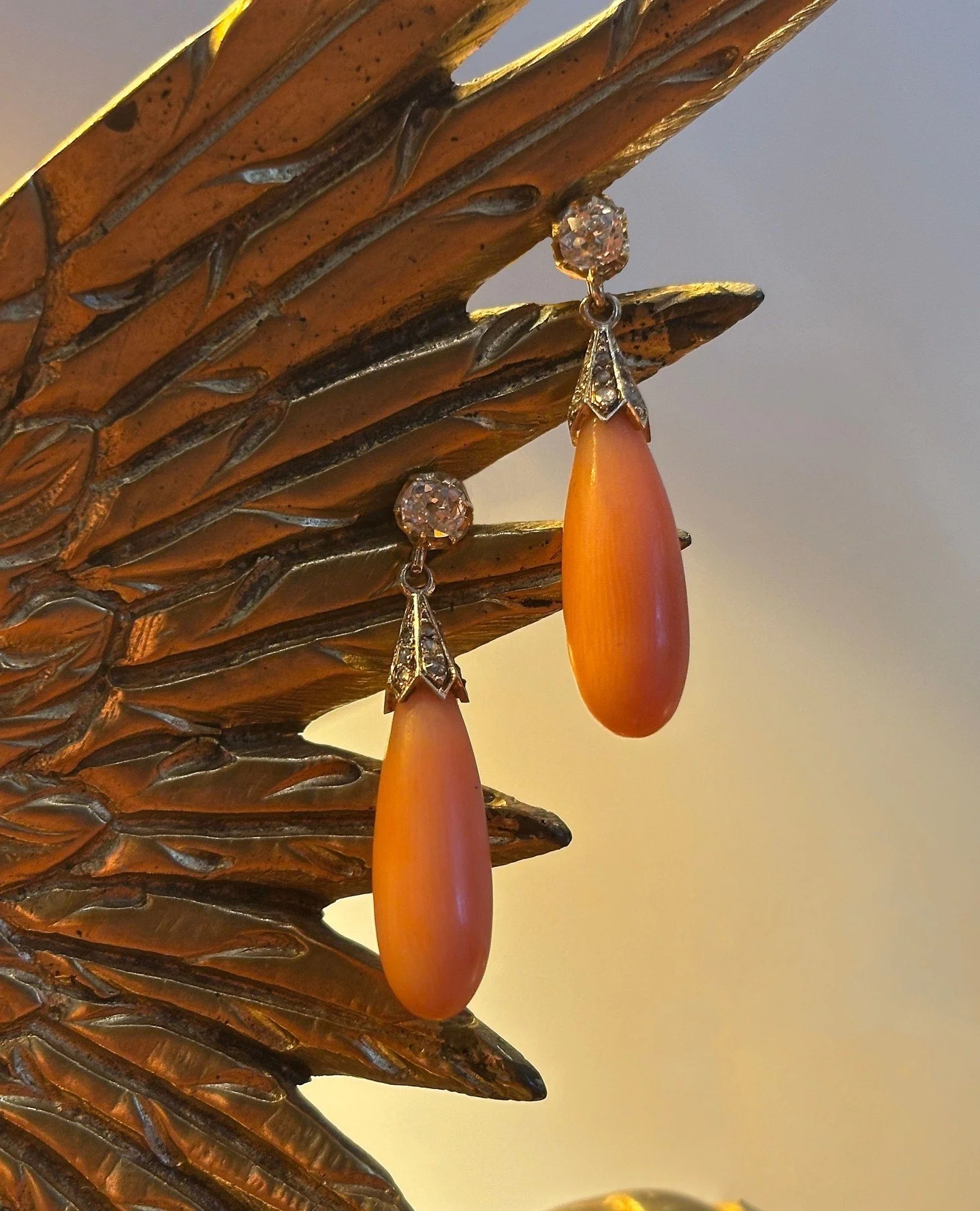 Stunning antique coral &amp; diamond baton drop earrings provide a wonderful pop of color without being too bright. The perfect spring/summer earring!