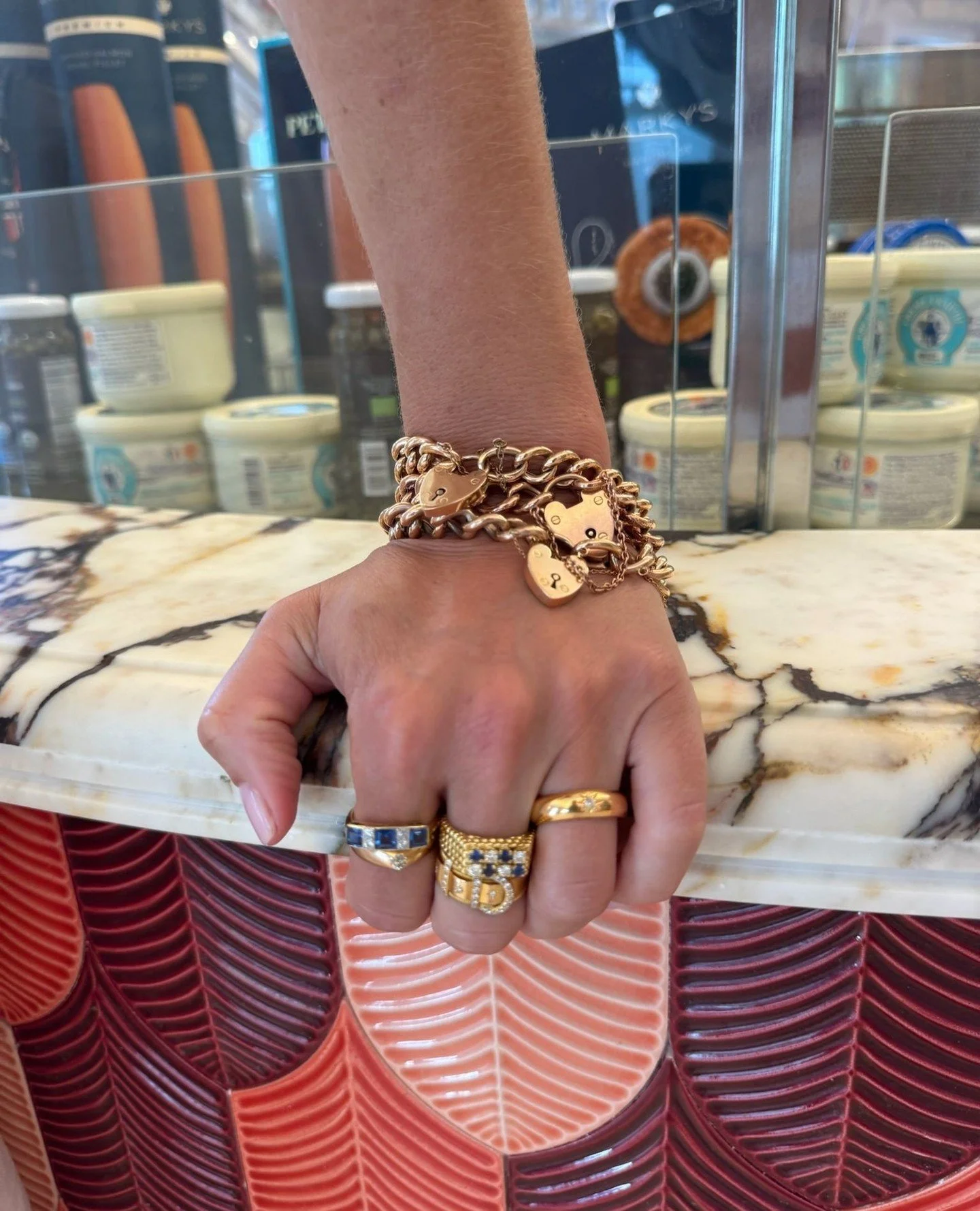 Just In: A true master class on how to mix old &amp; new: ⁠
Make an impact with a stack of antique heart padlock bracelets. Mix &amp; match old and new buttery gold, diamond and sapphire rings. An interesting mix of jewelry from the Victorian Era thr