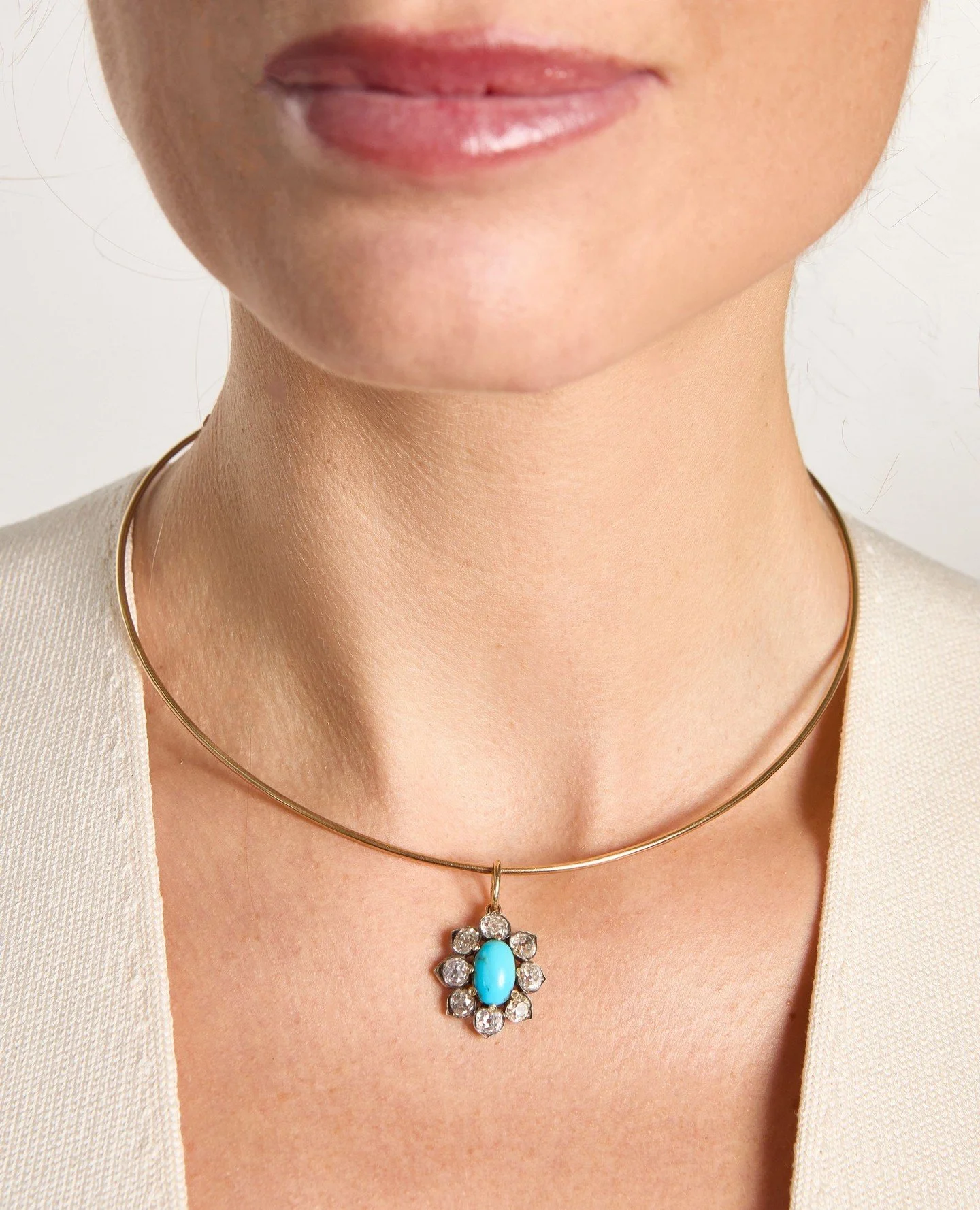 This exceptional Turquoise Pendant is really very special. This 'One-of-a-Kind' Victorian turquoise &amp; diamond pendant feels both timeless and unexpectedly modern, strung on a sleek gold wire that gives antique jewelry an entirely fresh perspectiv