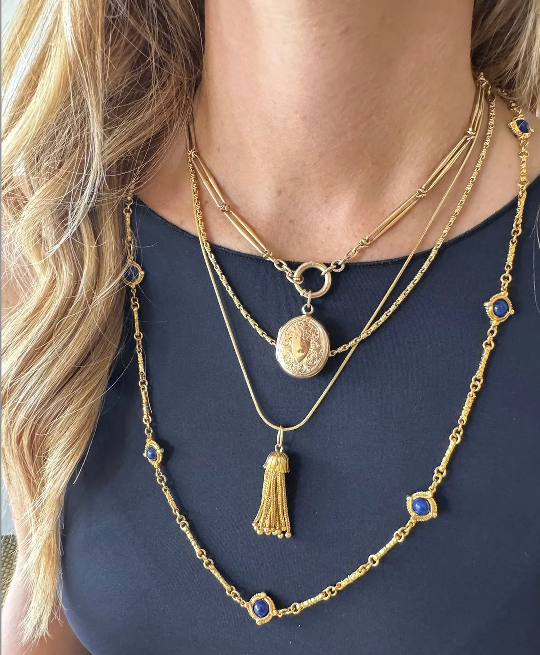 Lockets, tassels, and Lapis-set chains.... antique treasures layered like chapters of a love story.⁠
⁠
DM us for Tassel Pendant