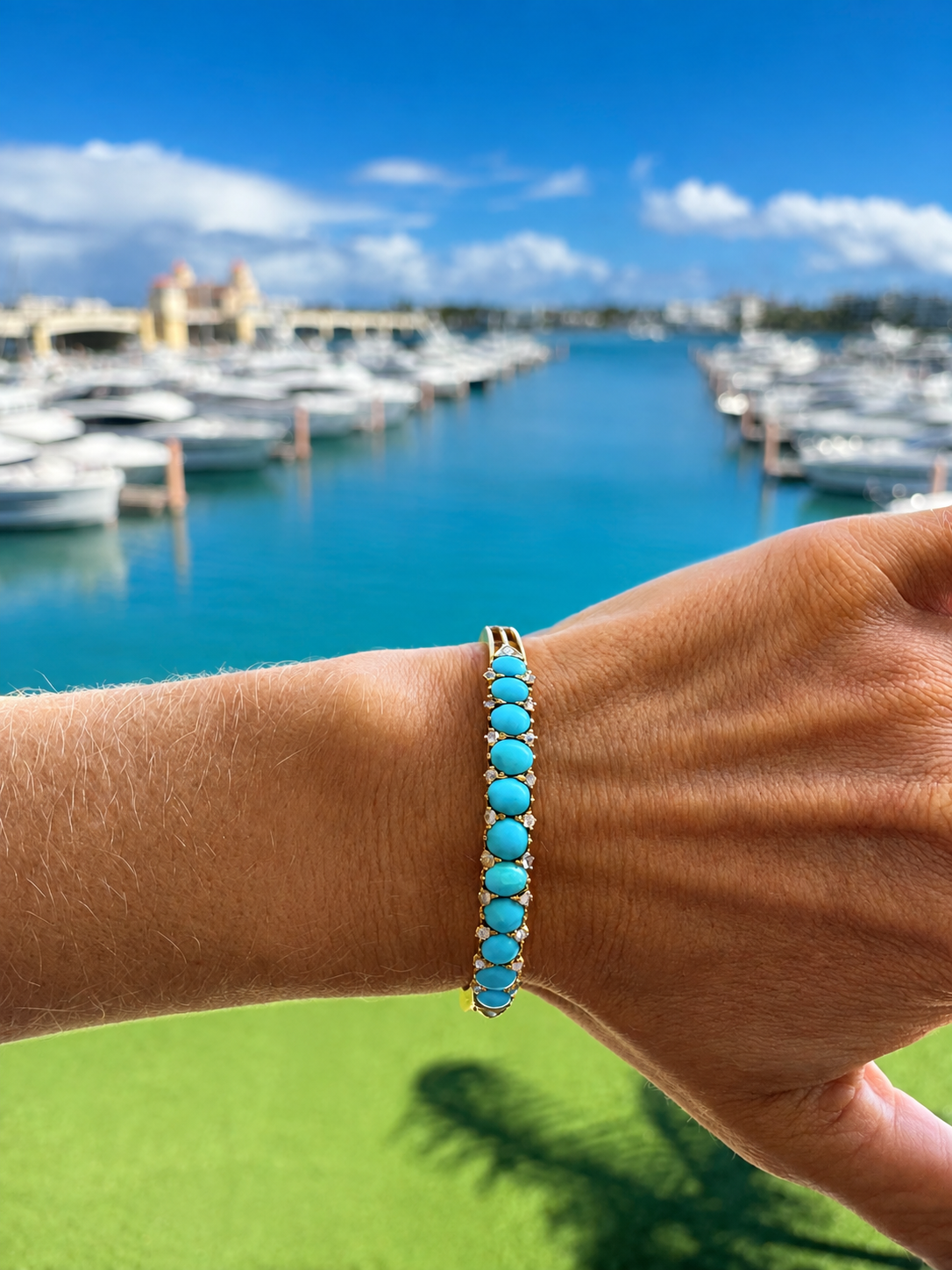 Exceptional Antique 18KT Turquoise and Rose Cut Diamond Bangle Bracelet