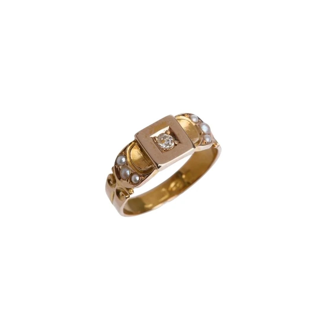 Victorian 18KT Gold Diamond and Pearl Star Set Ring (SOLD)