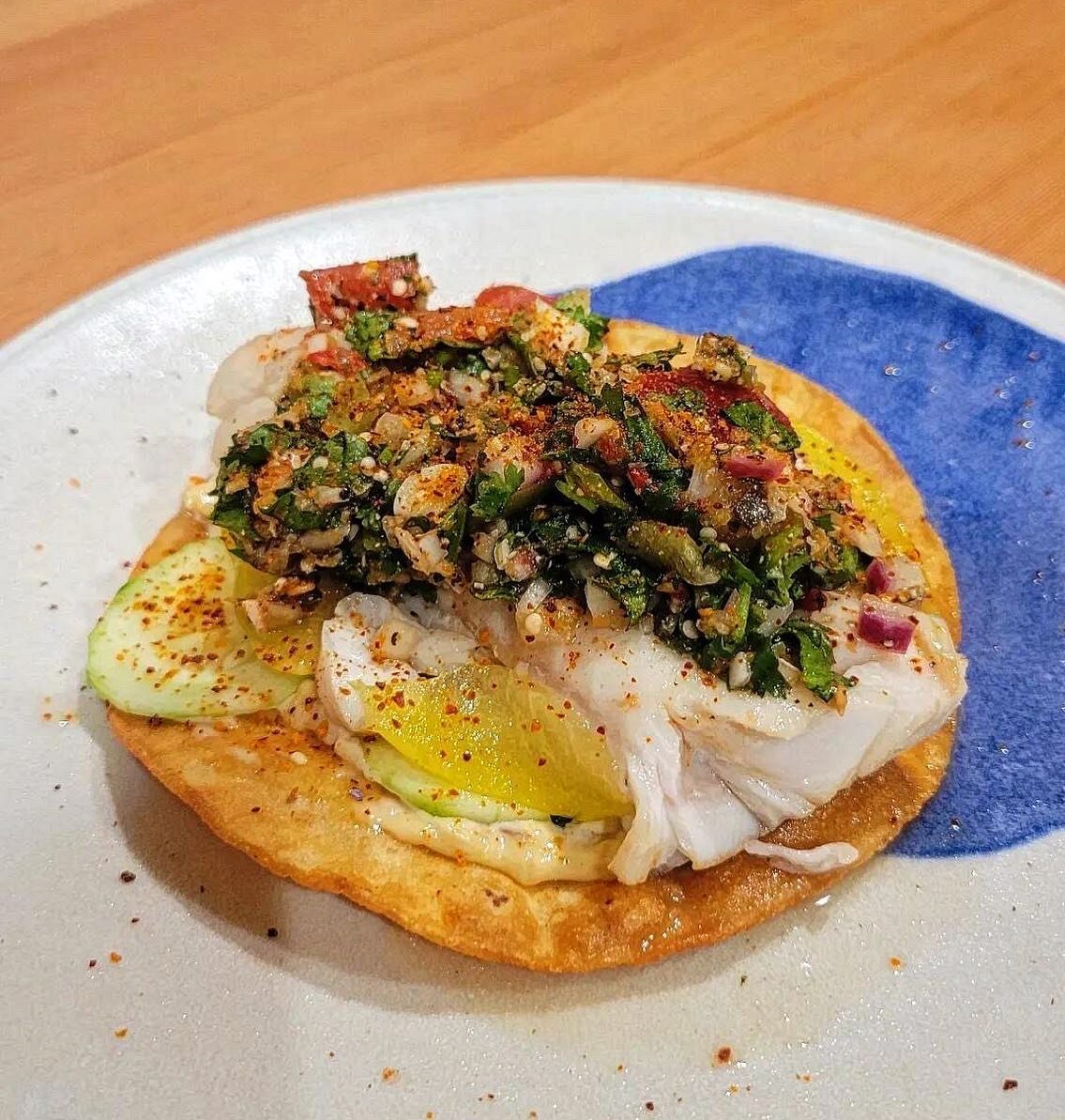 The caramelized onion mayonnaise from the popup last night, raw cucumber, golden plum, black cod, and fresh tomatillo salsa with coriander seed and pepitas. The dankest thing in recent memory, shared w/ @wanderingseedsbakery in post-celebration of ha